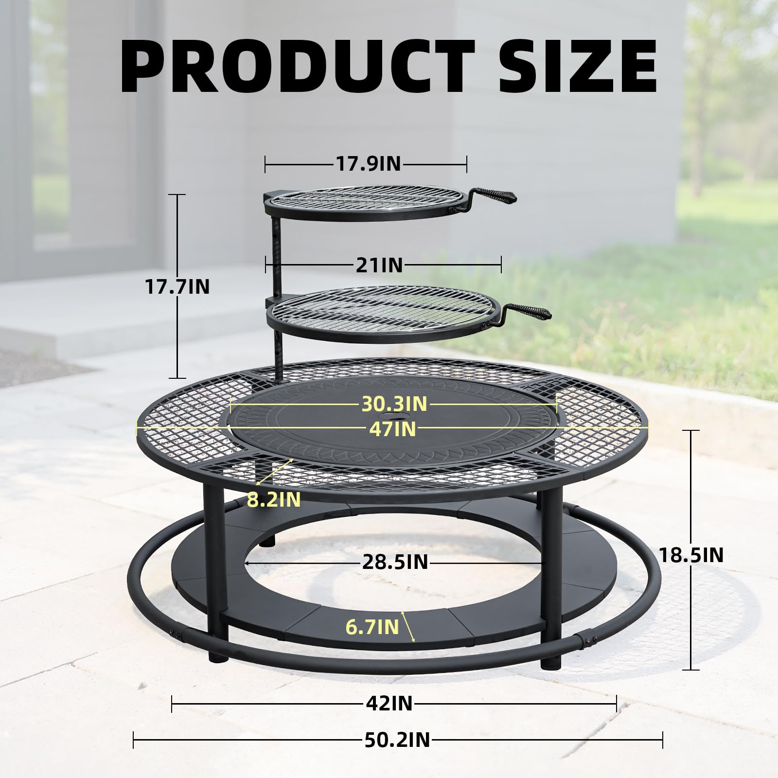 50 Inch Fire Pit Surround Tabletop for Smokeless Fire Pit, Outdoor Surround Table with 2 Grill Grates and Firewood Storage Shelf, Protective Barrier for Safety & Extra Space (Stove not Included)