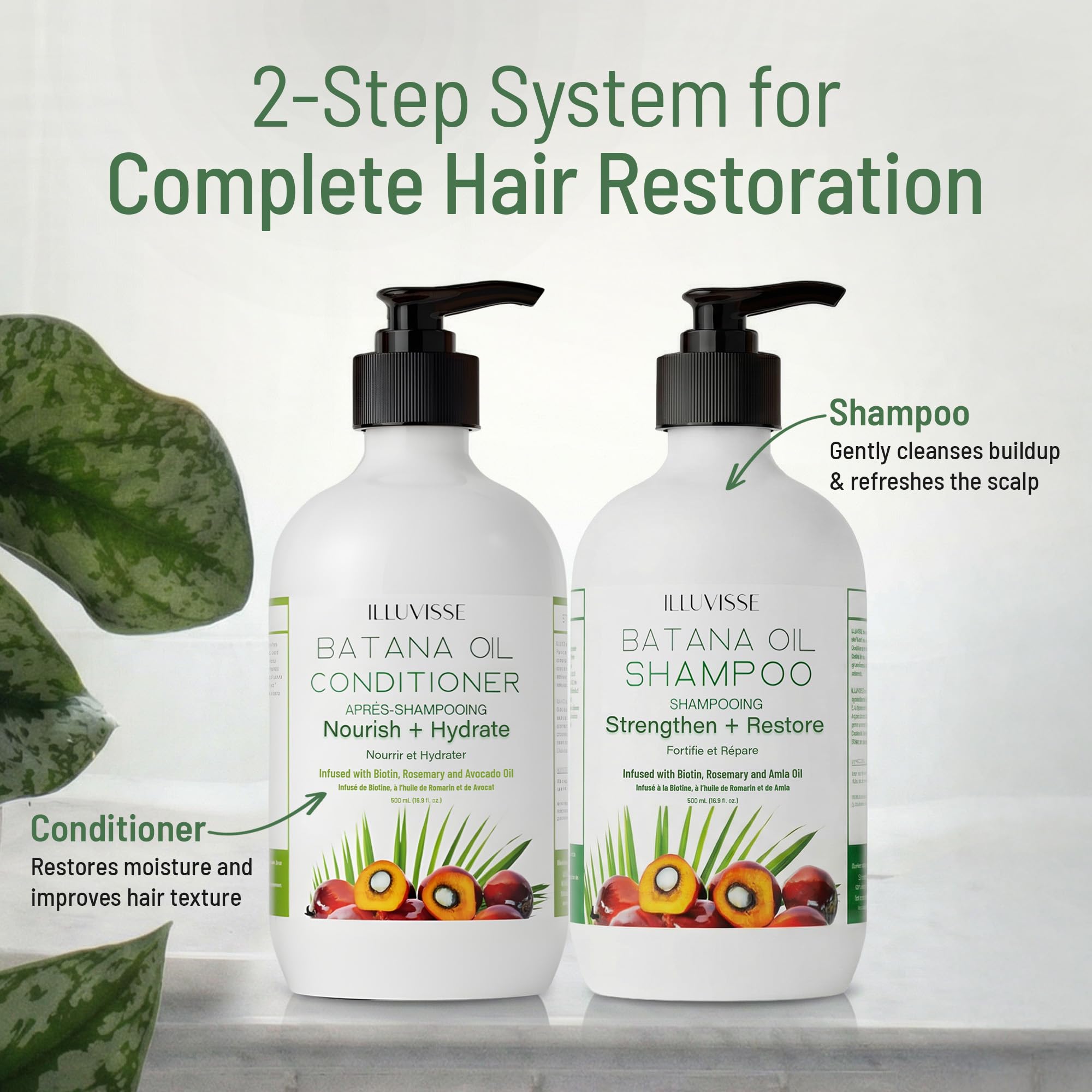 ILLUVISSE Batana Oil Shampoo and Conditioner Set for Hair Growth & Thickening, Organic Rosemary, Tea Tree Oil, Biotin & Aloe Vera Formula for Men & Women, Strengthens Nourishes & Smooths, 500ml Each