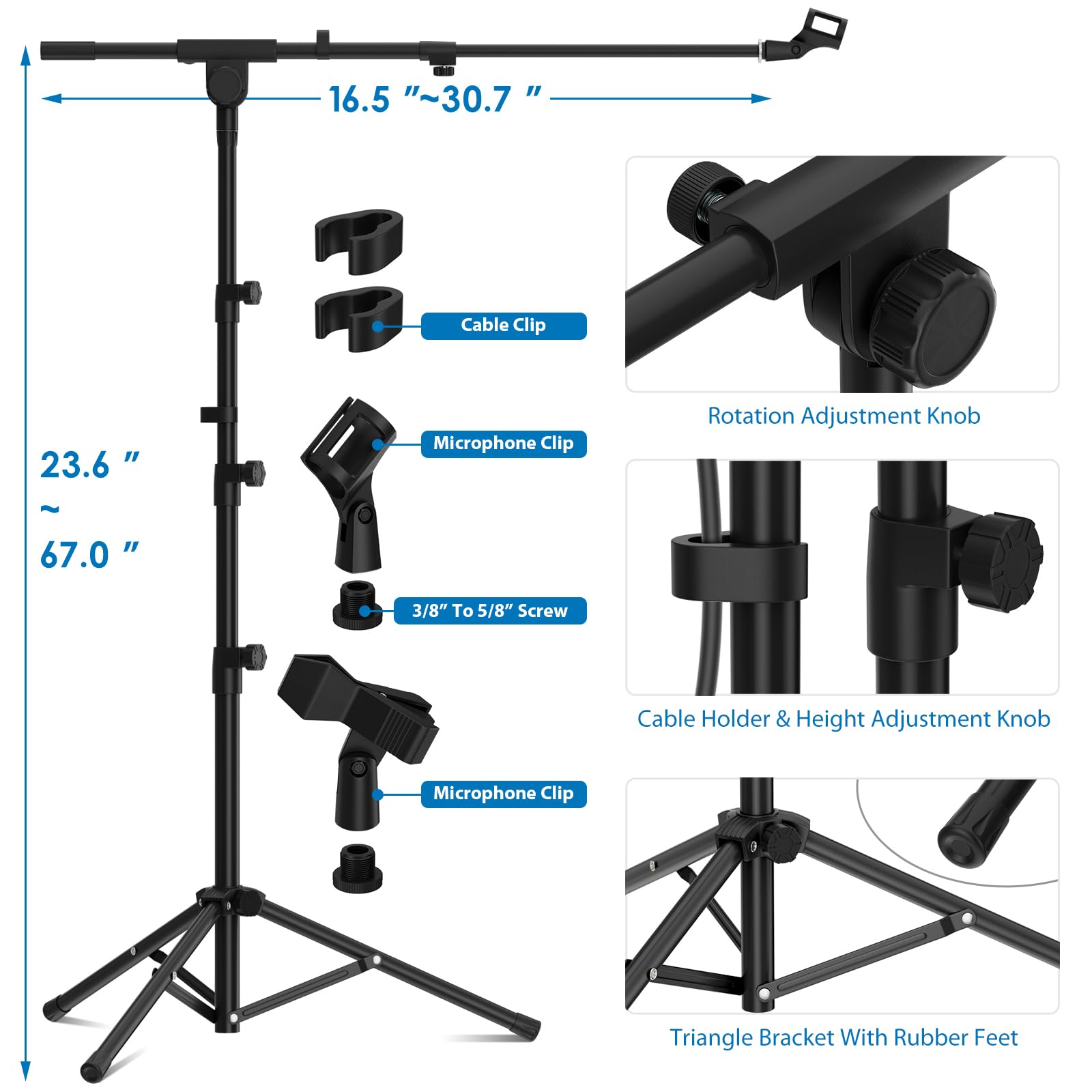 K KASONIC - Microphone Stand, Heavy Duty Adjustable Collapsible Tripod Boom Mic Stands with Mic Clip Holder for Performance, Karaoke Singing, Speech, Wedding, Stage and Outdoor Activity, Black