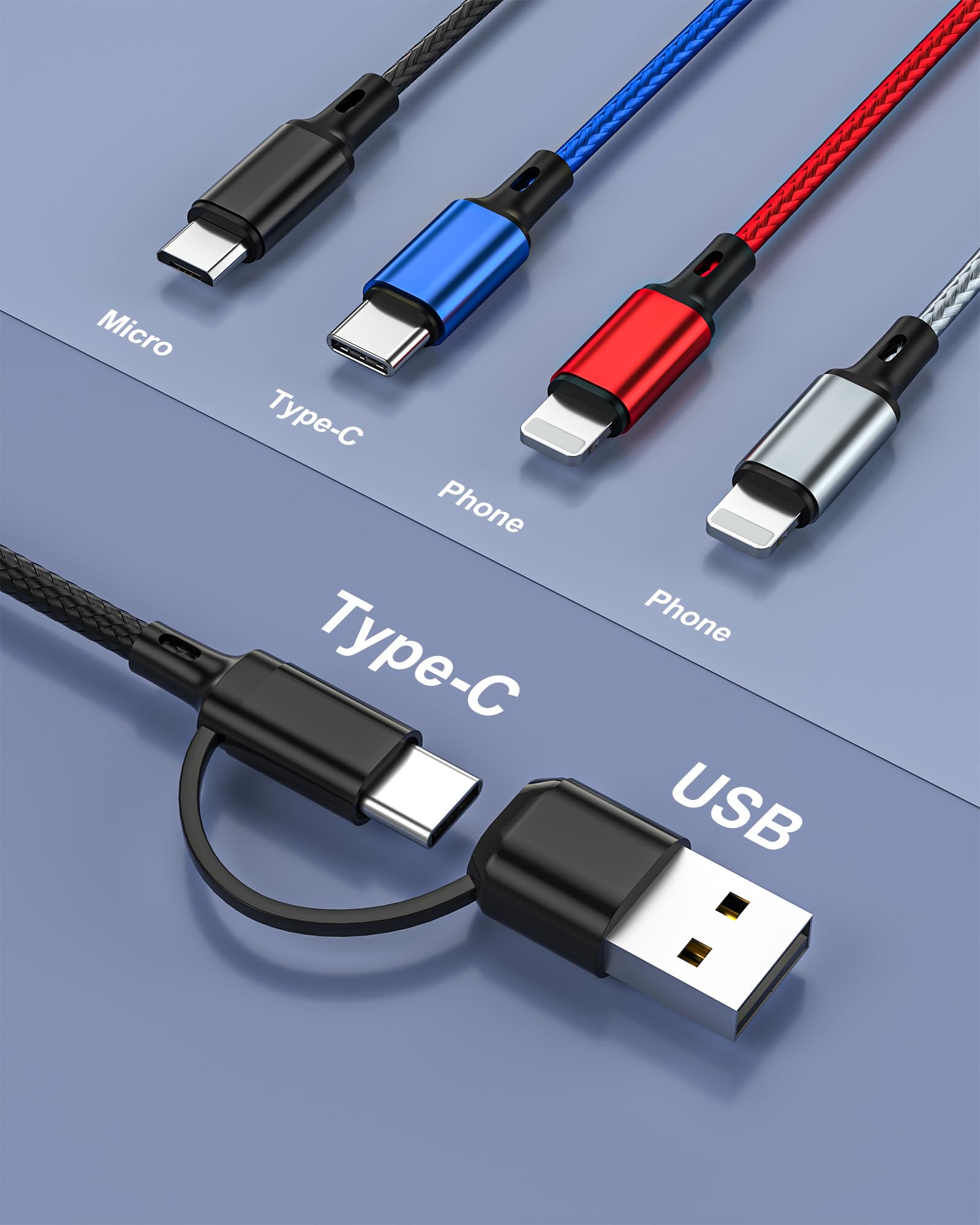 seynli 6-in-1 Multi Charging Cable 6ft, Charging Cables for Multiple Devices, Compatible with iPhone, USB-C, Micro USB - Multi End Charging Cable Supports 2.4A Fast Charging