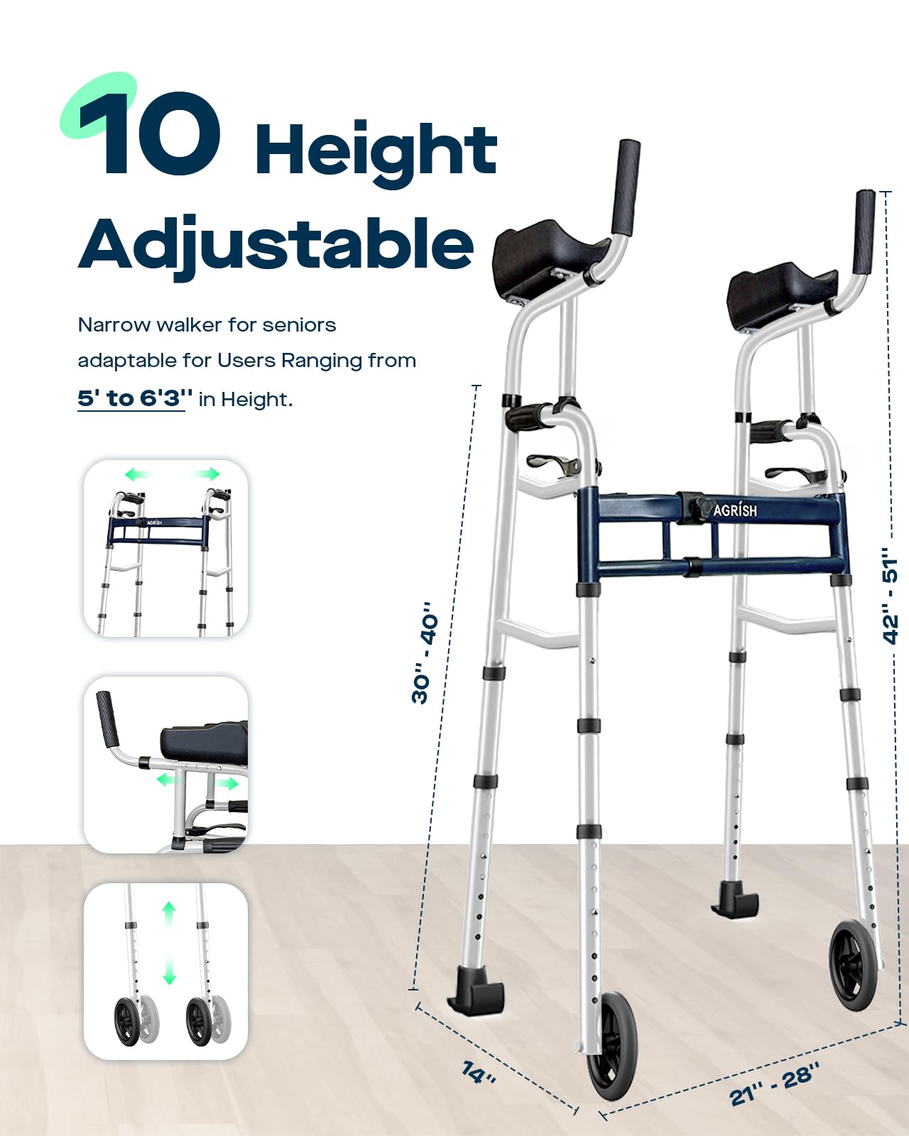 Narrow Walker Folding Upright Walker - with Removable Armrests, 450LBS Heavy Duty, Width & Height Adjustable Narrow Walkers for Seniors, Disabled, Bariatric