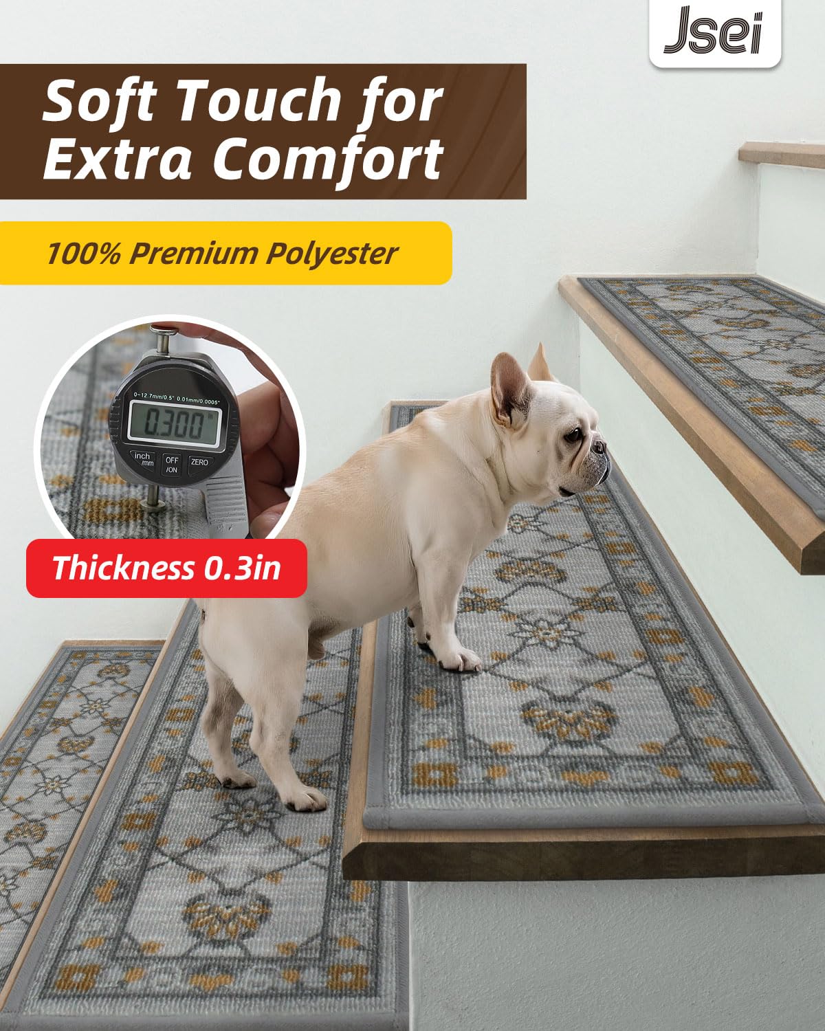 JSEI Stair Treads for Wooden Steps, 15 Pack 8" X 30" Non-Slip Machine Washable Carpet Stair Treads with TPE Backing, Soft Indoor Stair Rug Runner for Kids Elders & Pets, 100% Polyester, Grey/Orange