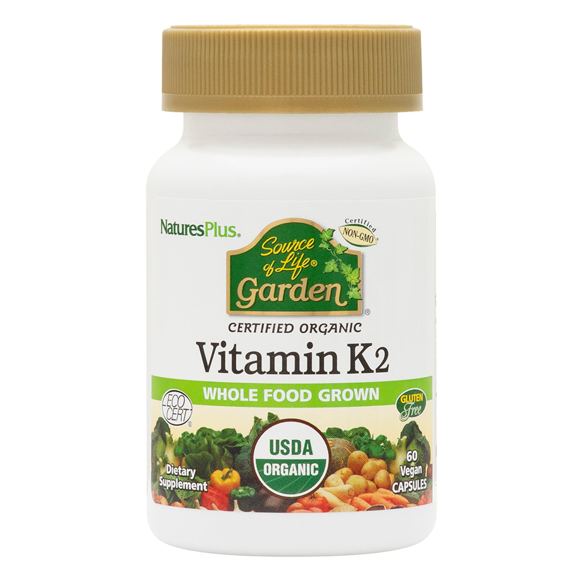NaturesPlus Source of Life Garden Vitamin K2-60 Vegan Capsules, Pack of 2 - Bone Support - Certified Organic, Non-GMO, Gluten Free - 120 Total Servings