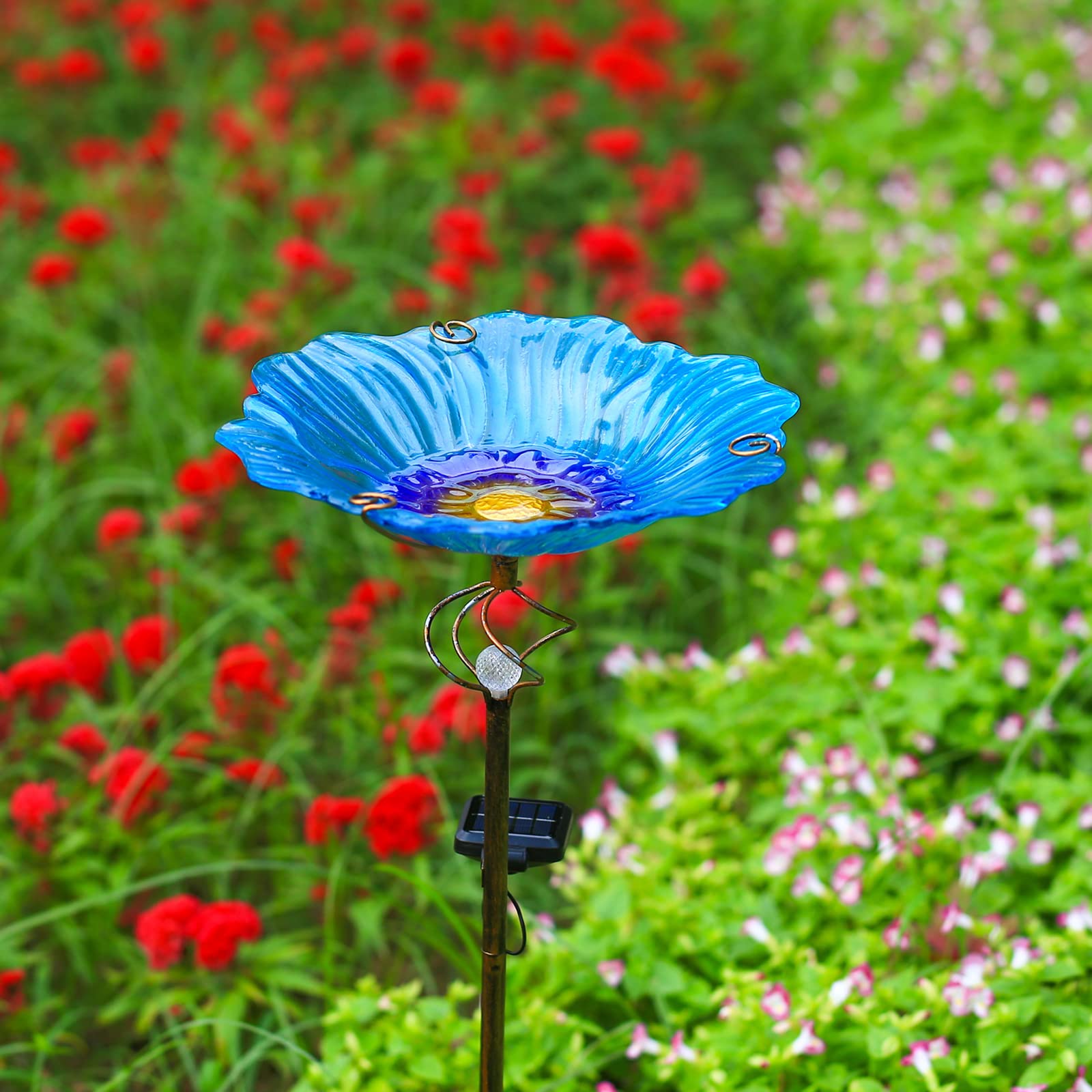 Homight Solar Glass Blue Bird Bath, Yard Art,Garden Outdoor Birdbath with Metal Stake with White LED Light Metal Stake Garden Decor Gifts