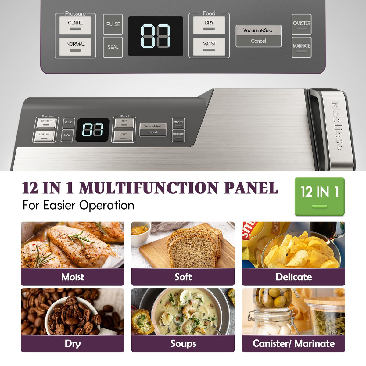 Mesliese Vacuum Sealer Machine, Powerful 95kPa 140W One Hand Operation Food Sealer, Double Seal Strip with Build-in Cutter & Countdown Display, 2 Bag Rolls, 5PCS Pre-cut Bags, PULSE & Marinate