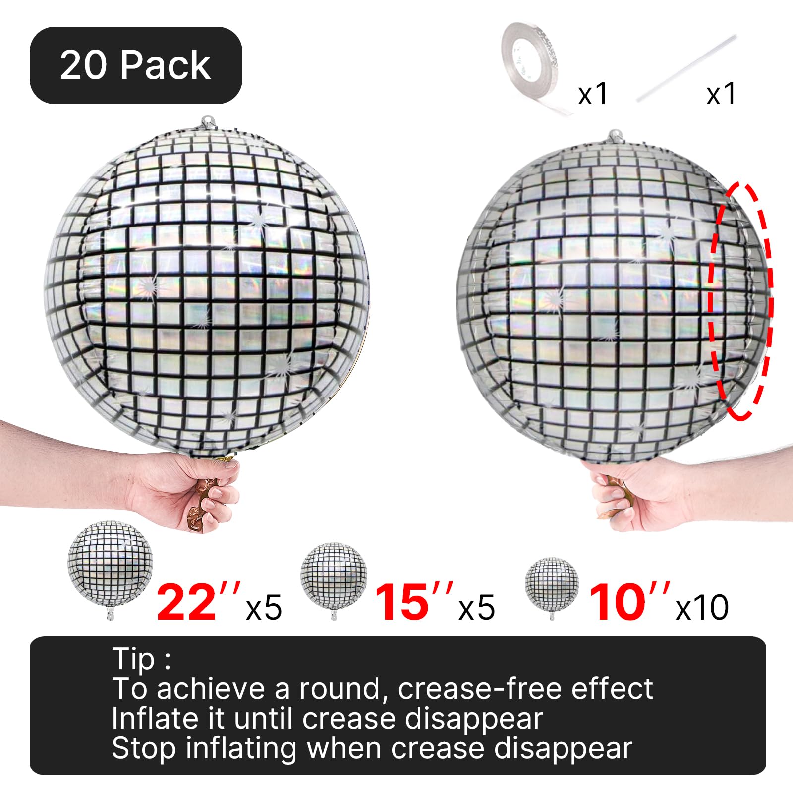 PartyWoo Silver Disco Ball Foil Balloons 20pcs Different Sizes Pack of 22 15 10 Inch Large Round Foil Orbz 4D Inflatable Mirror Ball Mylar Balloons for Graduation Men Birthday Space Party Decorations