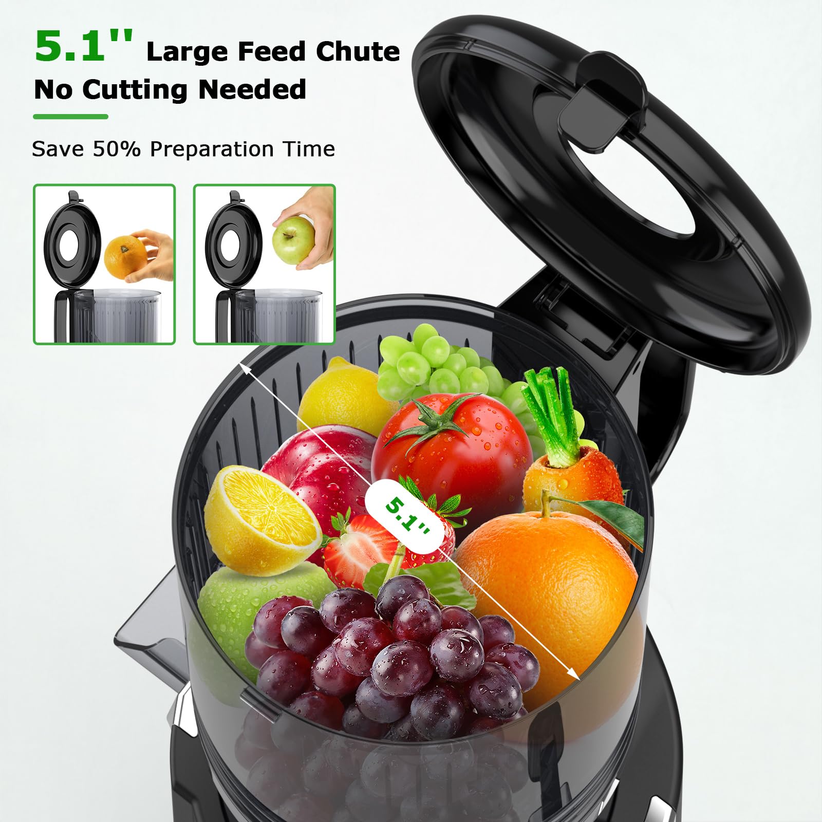 OMMO Cold Press Juicer Machines : 5.1" Wide Feed Chute Slow Masticating Juicer for Whole Fruits & Vegetables, Easy to Clean, High Juice Yield, BPA Free, Black