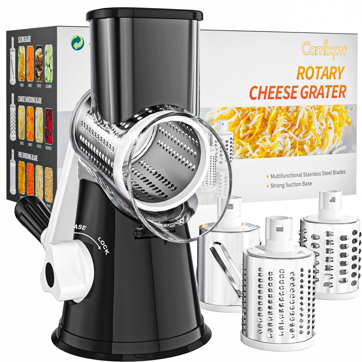 Cambom Rotary Cheese Grater Hand Crank Cheese Shredder for Fresh Cheese, Vegetable, Nuts,Non-slip Suction Base, Free Cleaning Brush Three Blades, Black