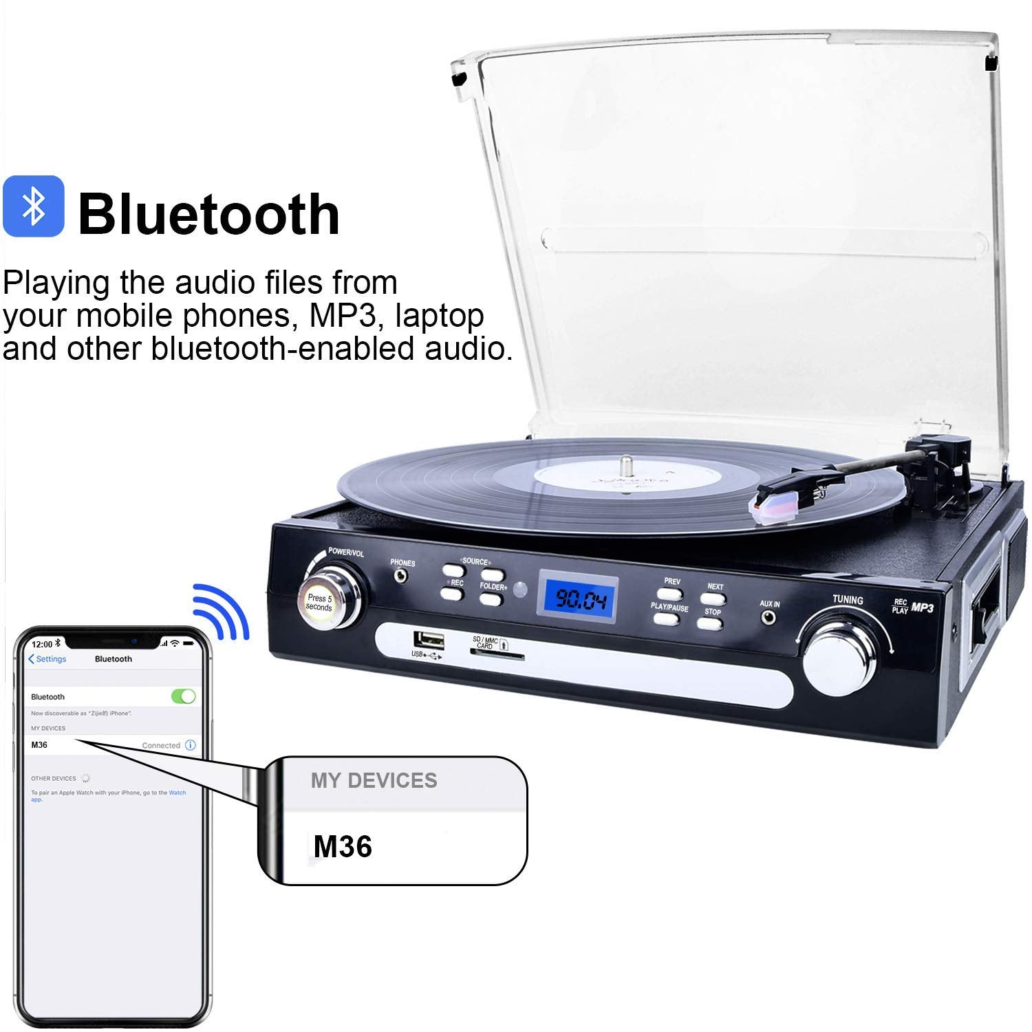 DIGITNOW Bluetooth Record Player with Stereo Speakers, Turntable for Vinyl to MP3 with Cassette Play, AM/FM Radio, Remote Control, USB/SD Encoding, 3.5mm Music Output Jack(Black)