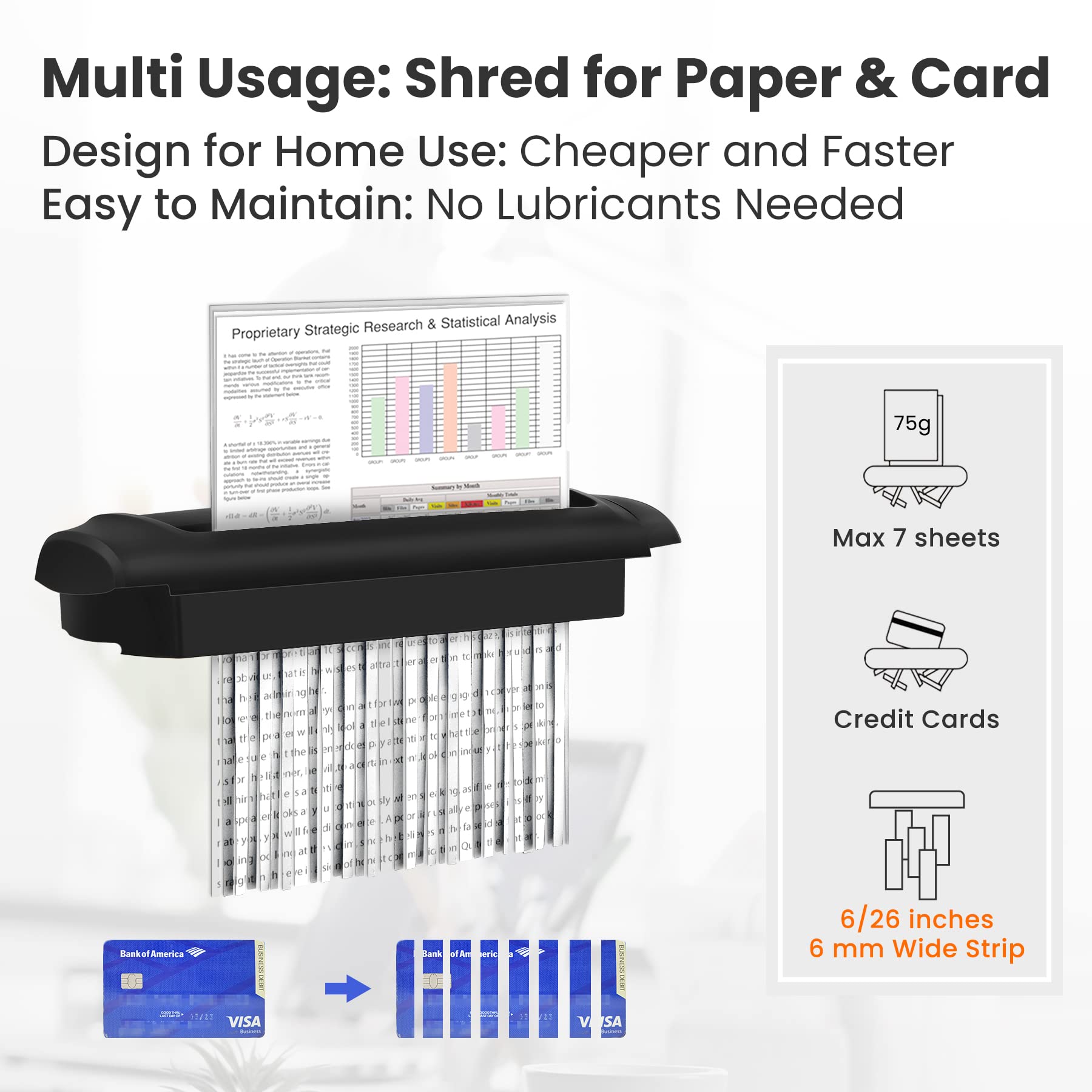 Mini Paper Shredder Without Basket,VidaTeco 7-Sheet Strip Cut Shredder for Home Use, Also Shreds Card/Staple,Small Portable with Extendable Arm,Durable&Fast with Jam Proof(ETL)