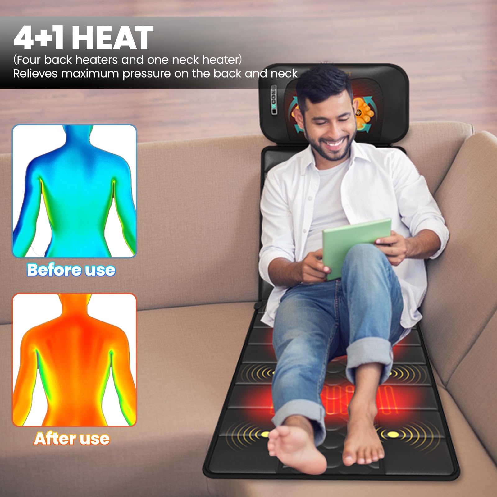DOPICT Massage Mat, Detachable Neck Massager, Full Body Vibration Heating, Massage Pad with 10 Vibrating Motors and 9 Speed Settings for Home Office Use, Gift for Men Women Parents,Black