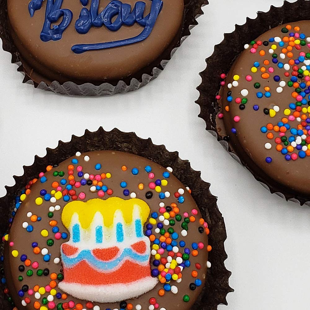 Happy Birthday Milk Chocolate Covered Sandwich Cookies, Custom 7 Pc. Blue Gift Basket, Fresh Hand Decorated Assortment, Sweet Multi-Layered Sandwich Treats for Kids and Adults