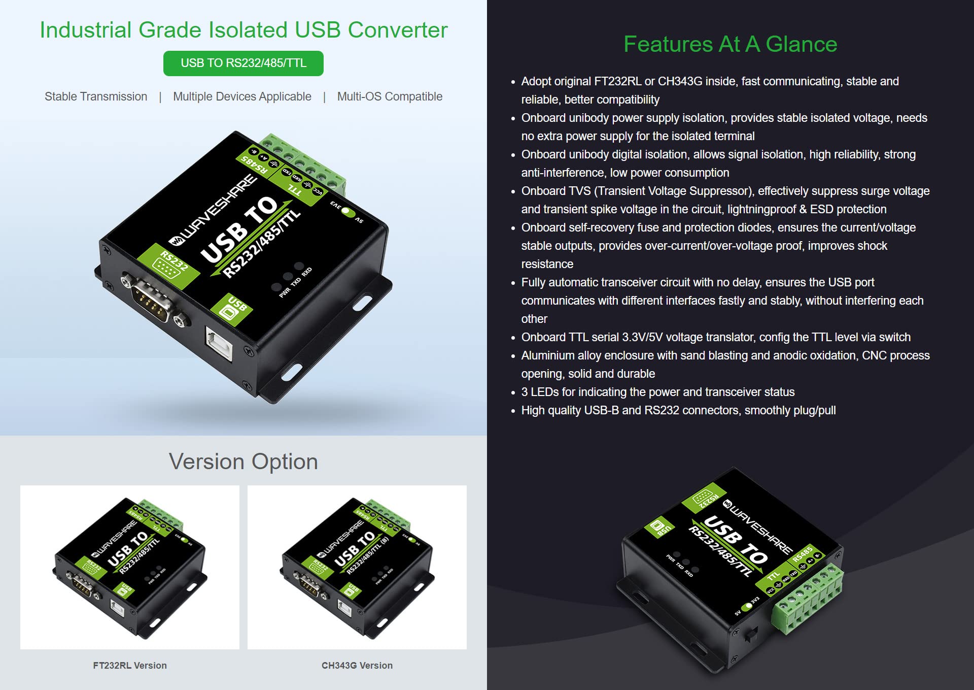 Waveshare USB to RS232 / RS485 / TTL Industrial Isolated Converter with Original FT232RL Embedded Protection Circuits and Aluminium Alloy Enclosure for Industrial Control Equipments