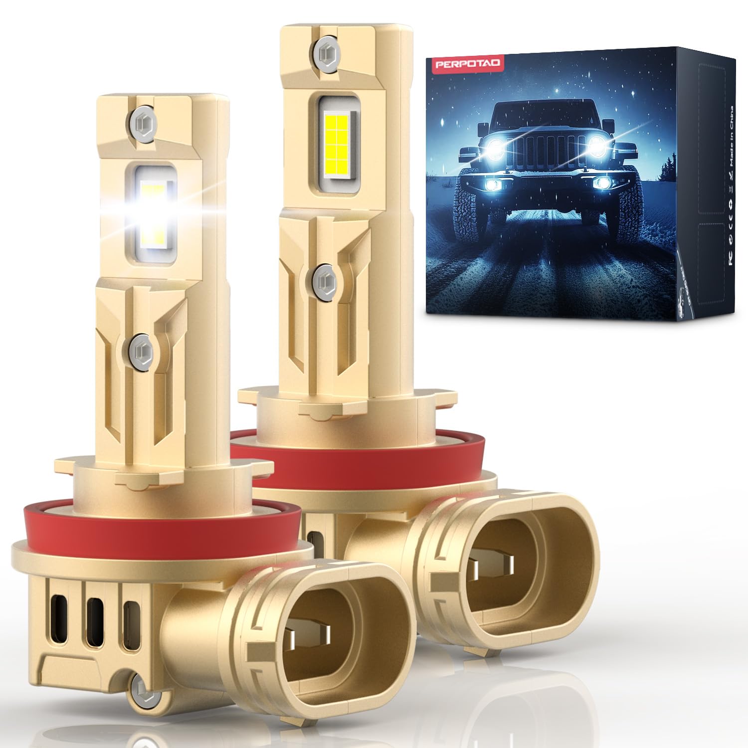 PERPOTAO H11 Bulbs, 60000H Lifespan, 800% Ultra-Brightness, 46000LM, 1:1 Halogen Mini Size, 6000K White,Plug-and-Play, 2-Pack