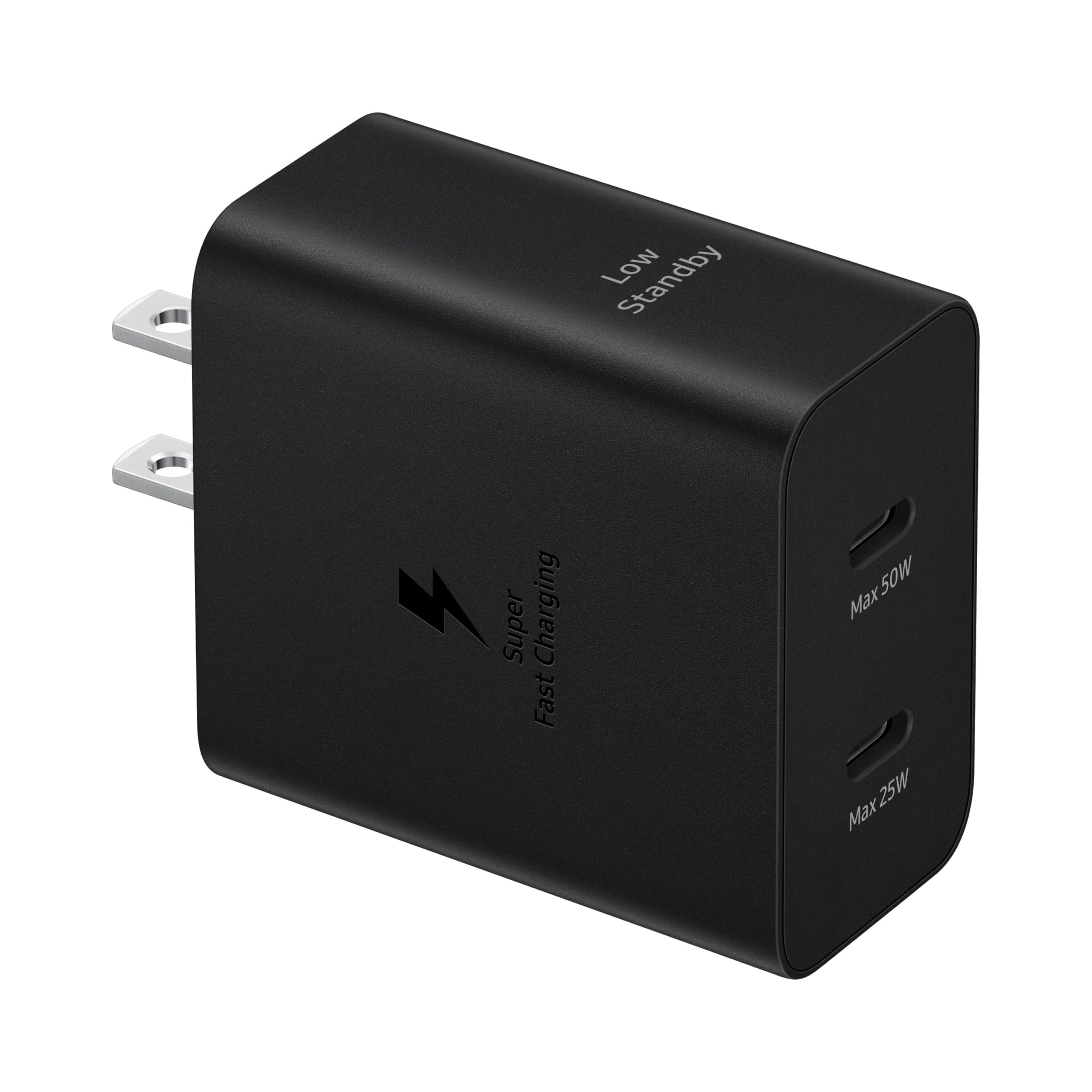 SAMSUNG 50W Duo Power Adapter Wall Charger, 2 Ports, Cable Included, Super Fast Charging 2.0 for Galaxy Phones, Tablets, USB Type C Devices, Low Standby Power Consumption, EP-T5020XBEGUS, Black