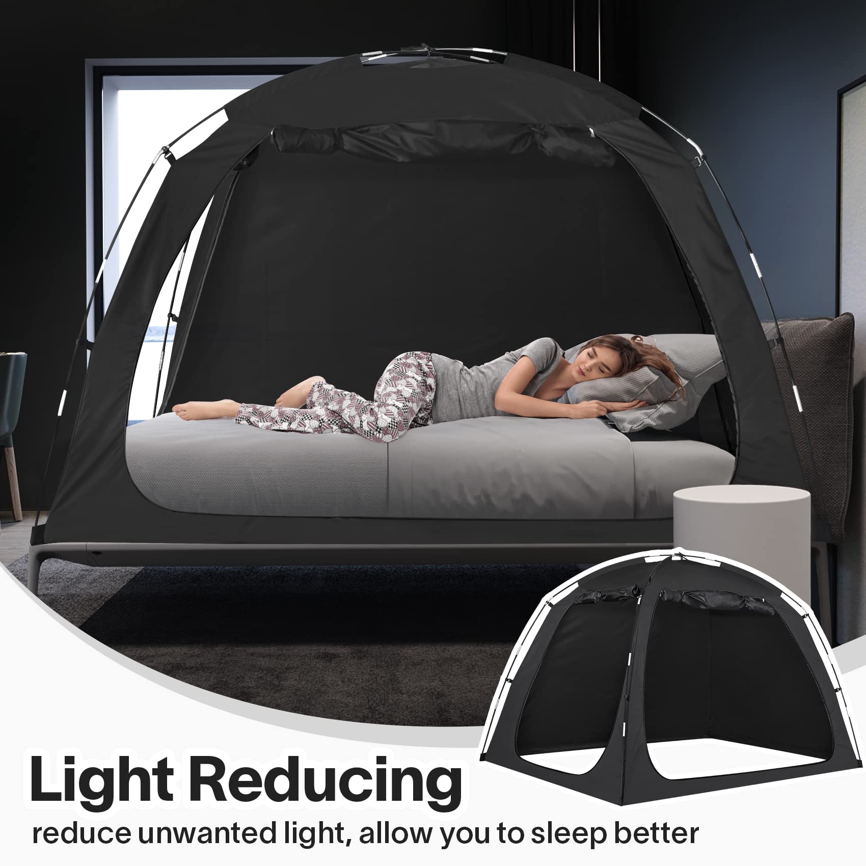 EighteenTek Bed Tent Twin Size Bed Canopy, Light Reducing Sleeping Tent Lightweight Portable Indoor Tent Breathable Privacy Space on Bed with 2 Doors for Adults Kids Autism (Twin, Black)