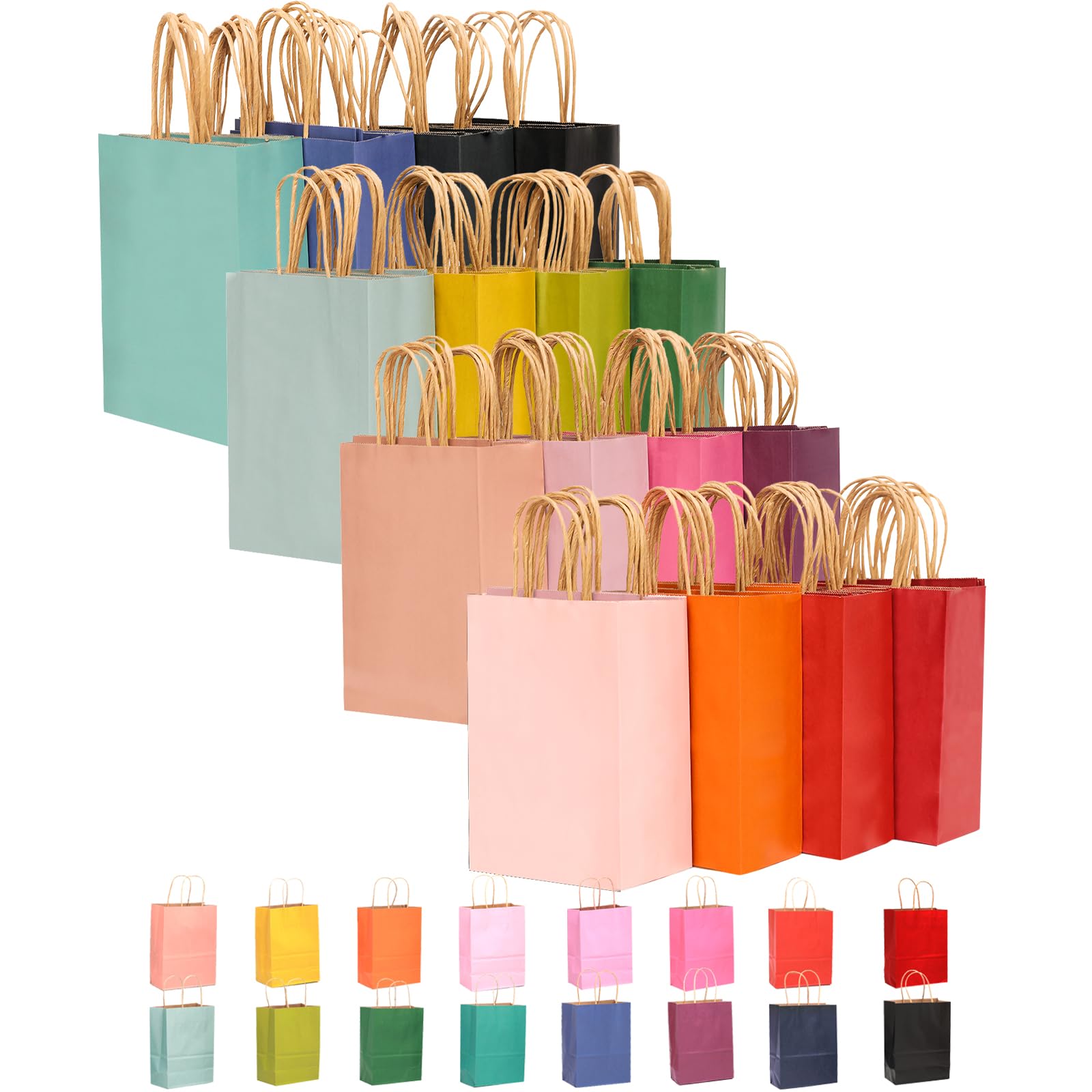 qiqee 60-Packs Paper Bags with Handles Bulk 8.26"×6"×3.15" Small Gift Bags 16 Different Senior Color Bags Multiple Uses(Small Size)
