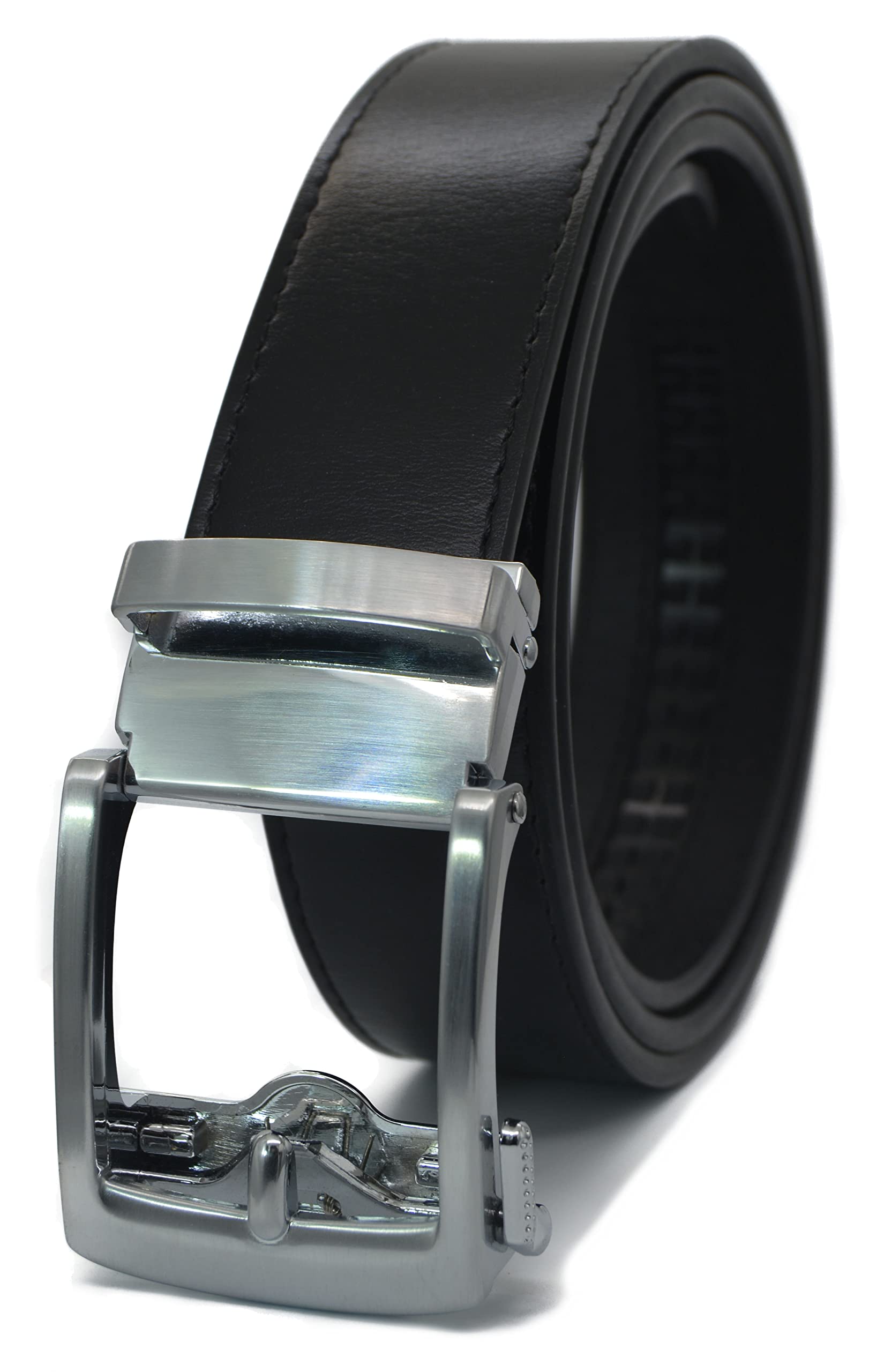 Men's Leather Ratchet Click Belt - Classico Brushed Silver Buckle with Charcoal Black Leather Belt (Trim to Fit: Up to 40'' Waist)