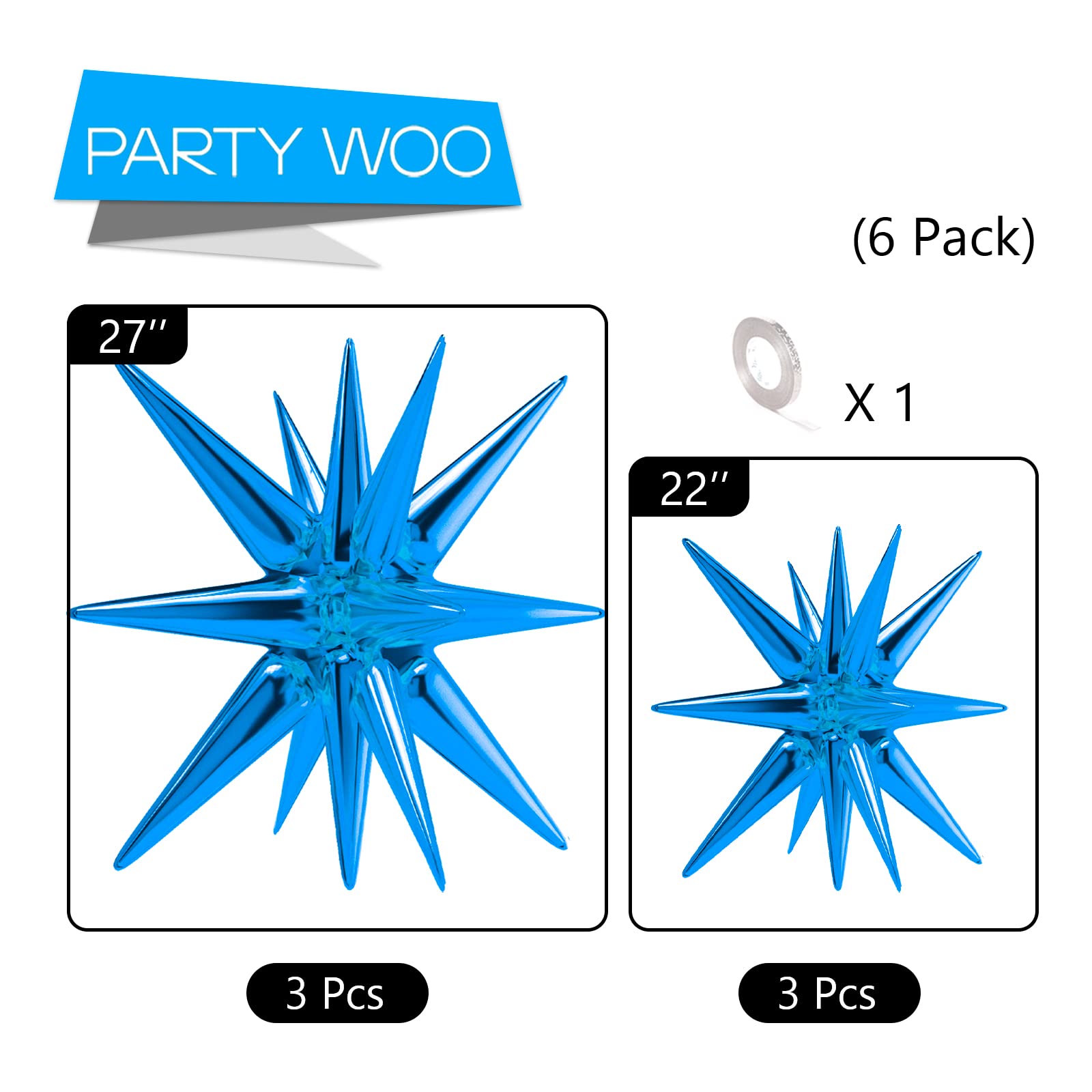 PartyWoo Royal Blue Star Foil Balloons 6pcs Different Sizes Pack of 27 22 Inch Large Starburst Spike Mylar Balloons for Gender Reveal Graduation Bachelorette Birthday Baby Shower Party Decorations