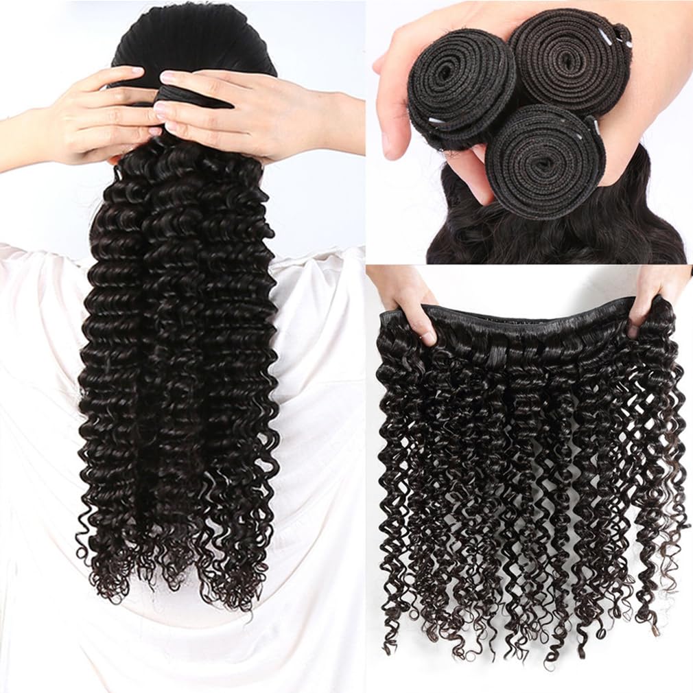 Deep Wave Bundles Human Hair Brazilian Virgin Hair Bundles(18 20 22 inch)Curly Bundles Wet and Wavy Human Hair Weave Bundles Double Weft Hair Weave Natural Black