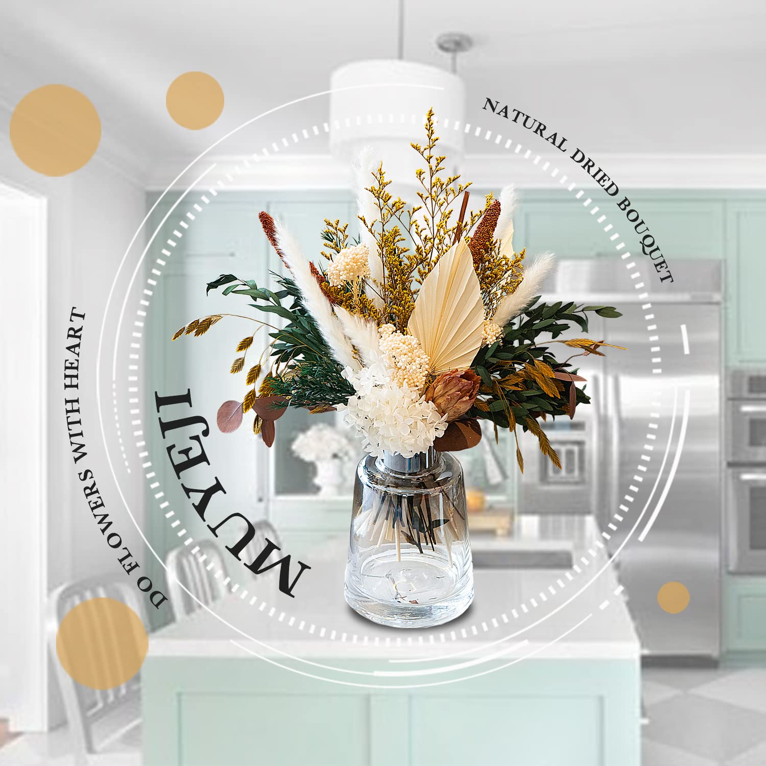 Natural Dried Flower Bouquet - Pampas Grass Decor, Fall Flower Arrangements with Eucalyptus, Palm, Preserved Plants, Rustic Western Floral for Table Centerpiece, Bohemia Home Wedding Decoration