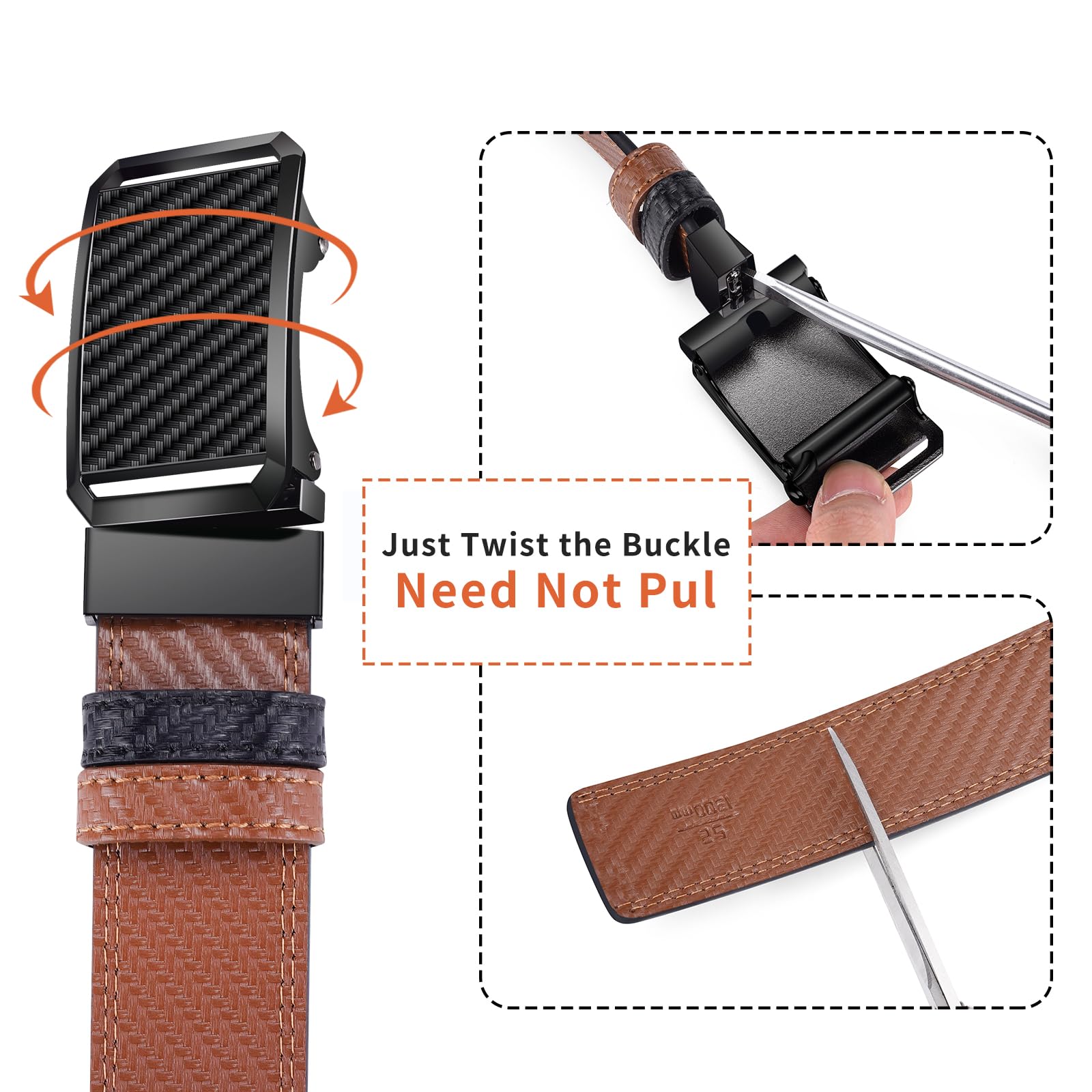 MACBORO Men's Two-in-One Black and Brown Leather Reversible Ratchet Buckle Belt