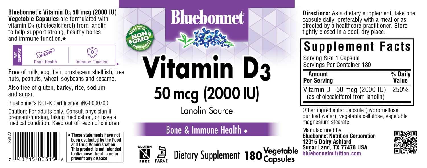 Bluebonnet Nutrition Vitamin D3 2000 IU Vegetable Capsule, Aid in Muscle and Skeletal Growth, Cholecalciferol from Lanolin, D3, Non GMO, Gluten Free, Soy Free, Milk Free, Kosher, 180 Vegetable Capsule