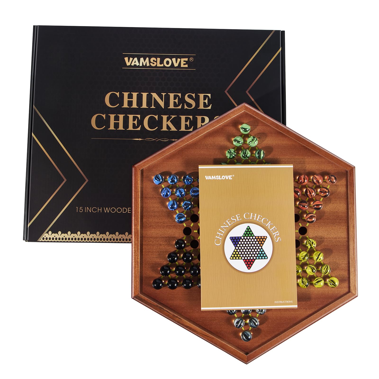 VAMSLOVE Chinese Checkers 15" Large Upgraded Version Wooden Game Board, 16mm 60+12 Colorful Glass Marbles, Easy Grasping for Adults and Kids, w/Storage Drawer, Fun for Family Gathering