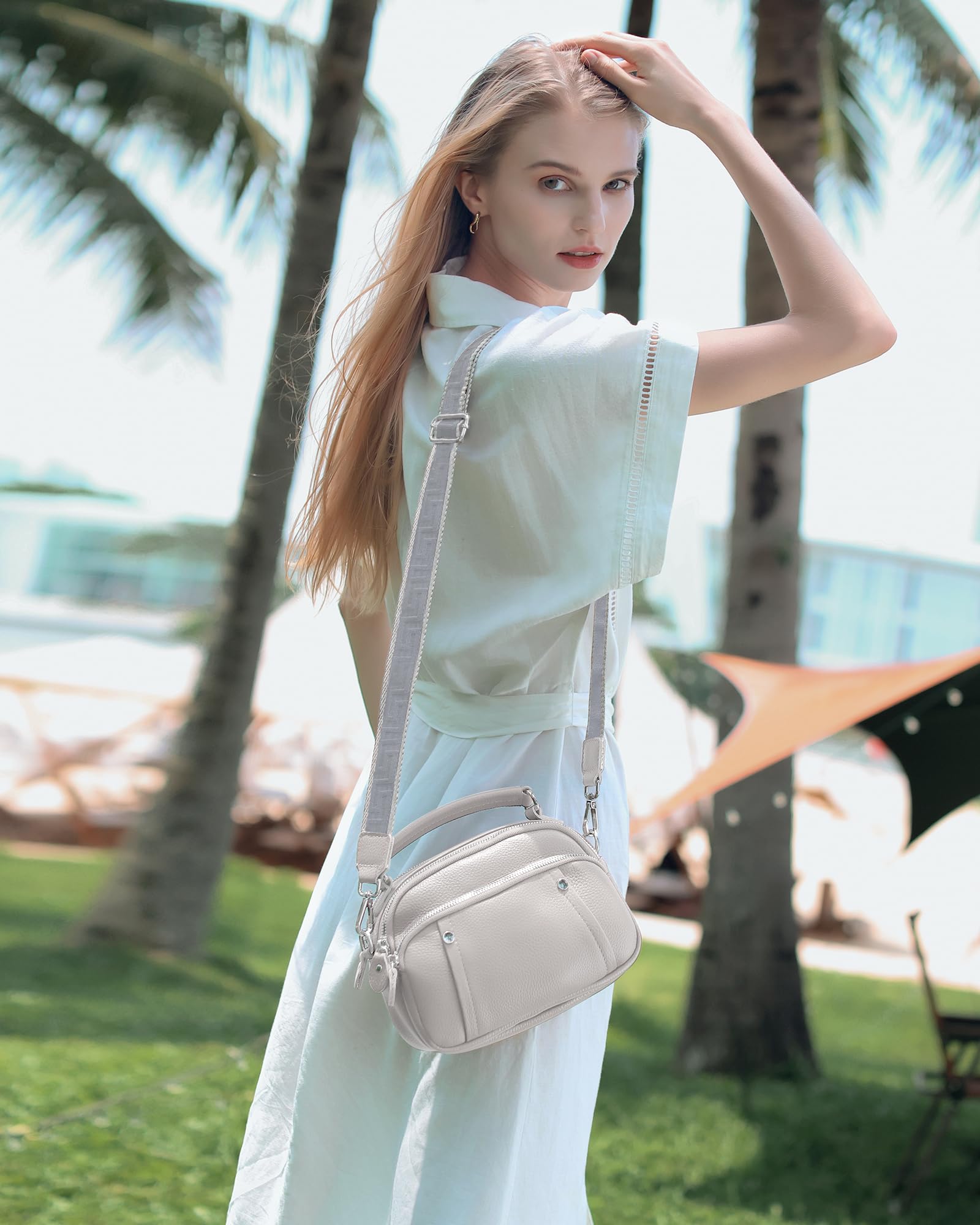 befen Genuine Leather Small Crossbody Purses Bag for Women, Women's Triple Zip Satchel Shoulder Bags Handbags with Wide Strap Beige Grey
