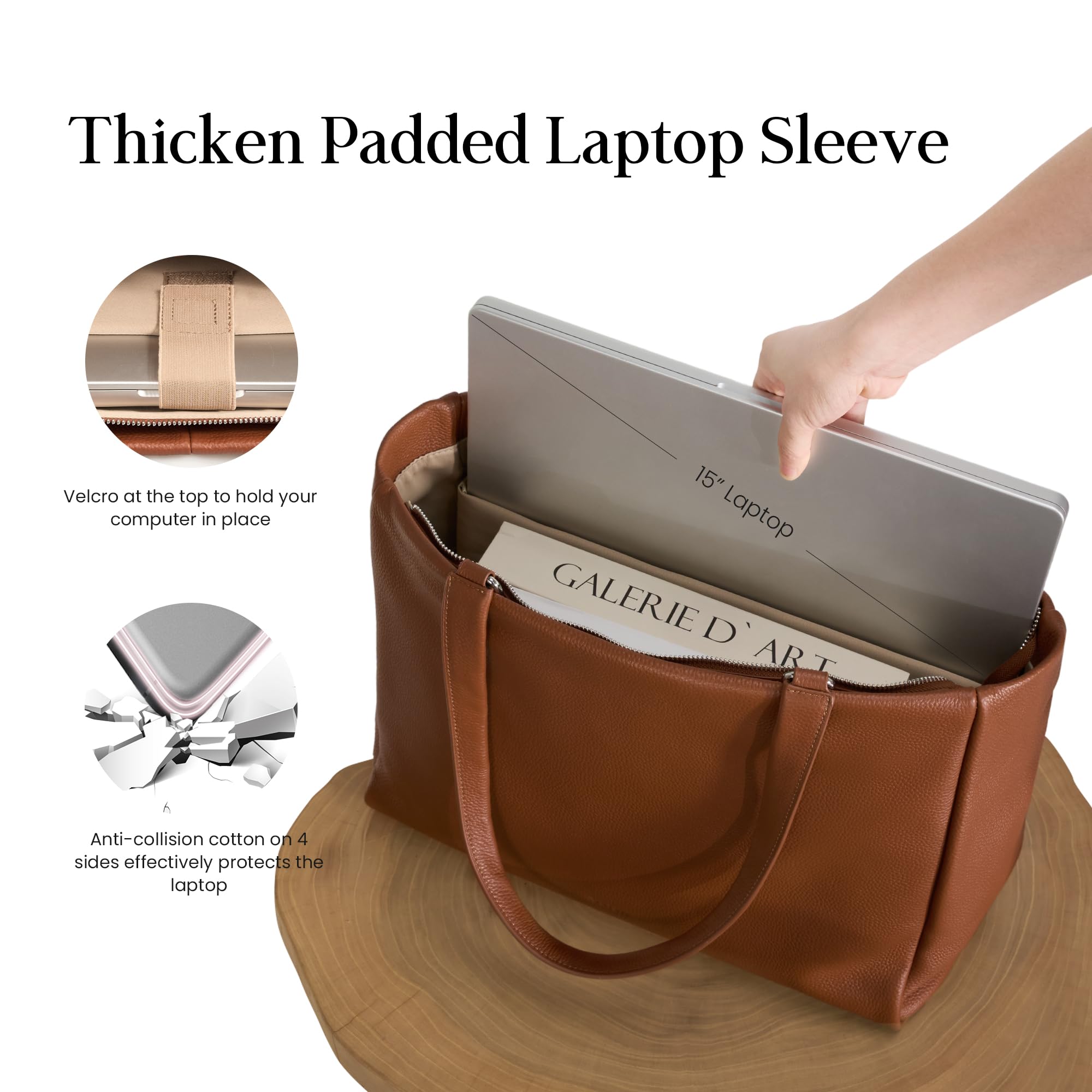 befen Real Leather Work Tote Bag for Women Ladies Totes Shoulder Purse Satchel Handbags with 15" Compartment & Water Cup Holder Cognac Brown