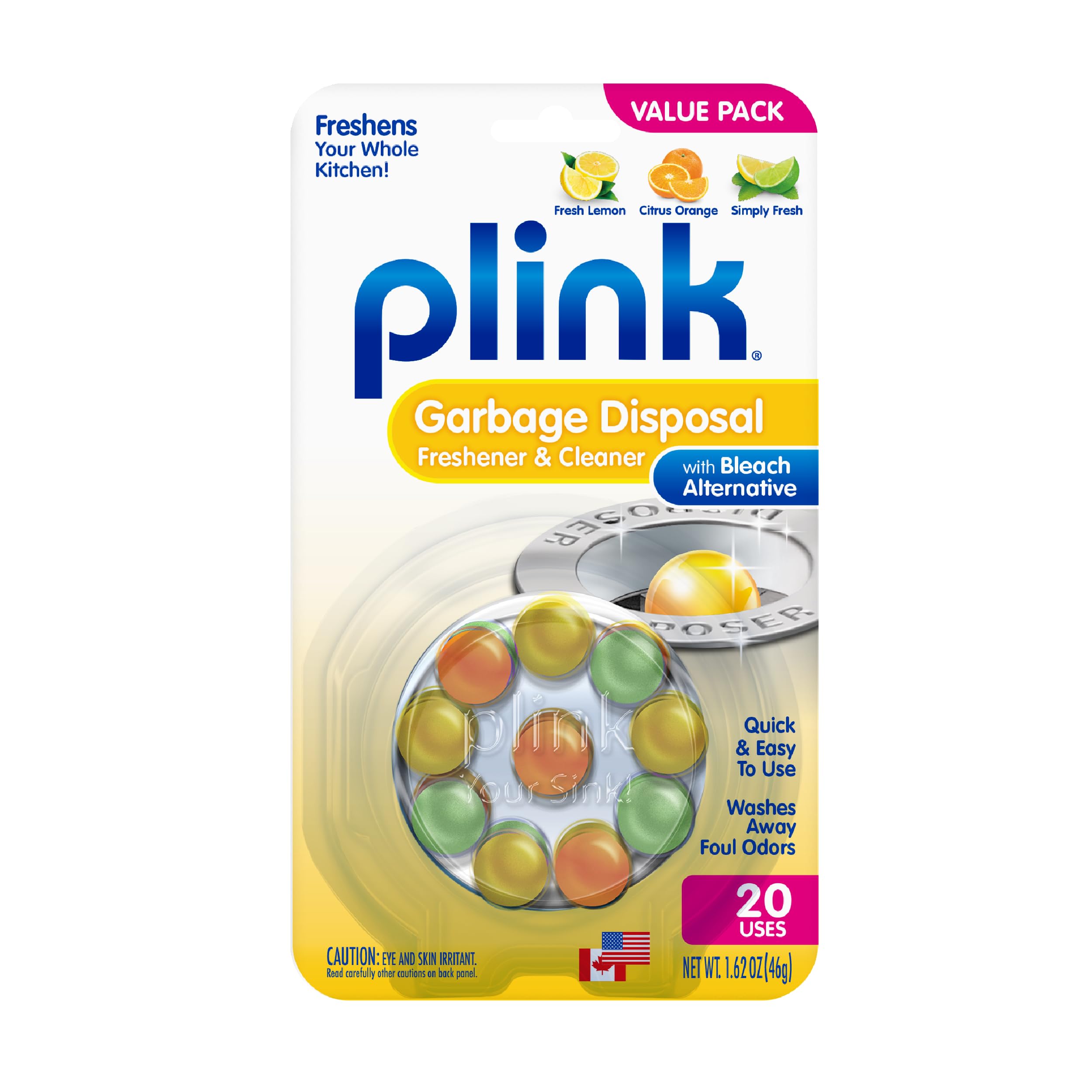 Plink Garbage Disposer Freshener and Cleaner, Sink Disposal Odor Eliminator, Quick and Easy-to-Use Capsules, Septic-Friendly, Citrus Scents, 20 Count Package