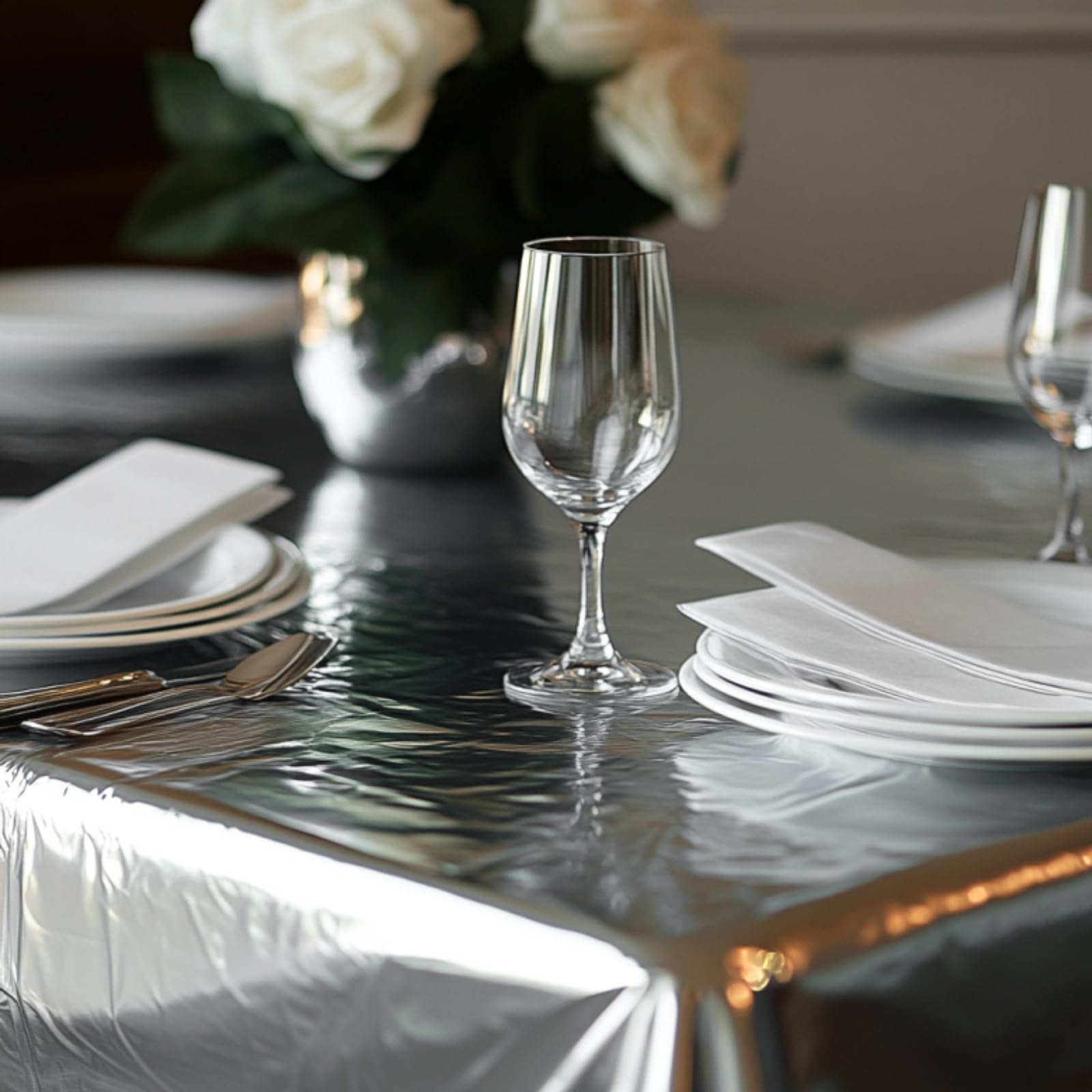 PartyWoo 3 pcs Silver Foil Table Cover, 54 x 108 Inch Rectangle Waterproof Tablecloth for 6 to 8 Foot Tables, Disposable Plastic Party Tablecloth for Graduation Wedding Birthday Party Decorations