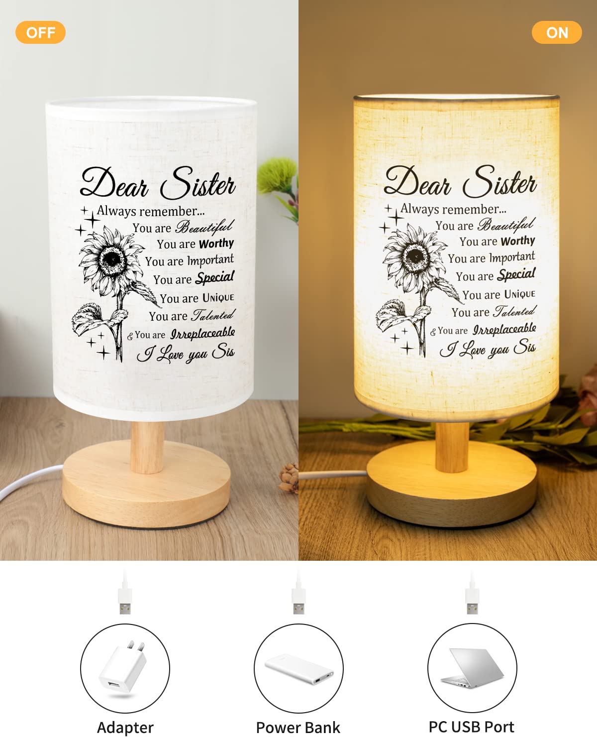 Calibron Sister Gifts, Sister Christmas Gifts Fabric Lamp, Christmas Gifts for Sister, Sister Birthday Gifts Table Lamp with Wooden Stand Anniversary Wedding Birthday Gifts for Sisters