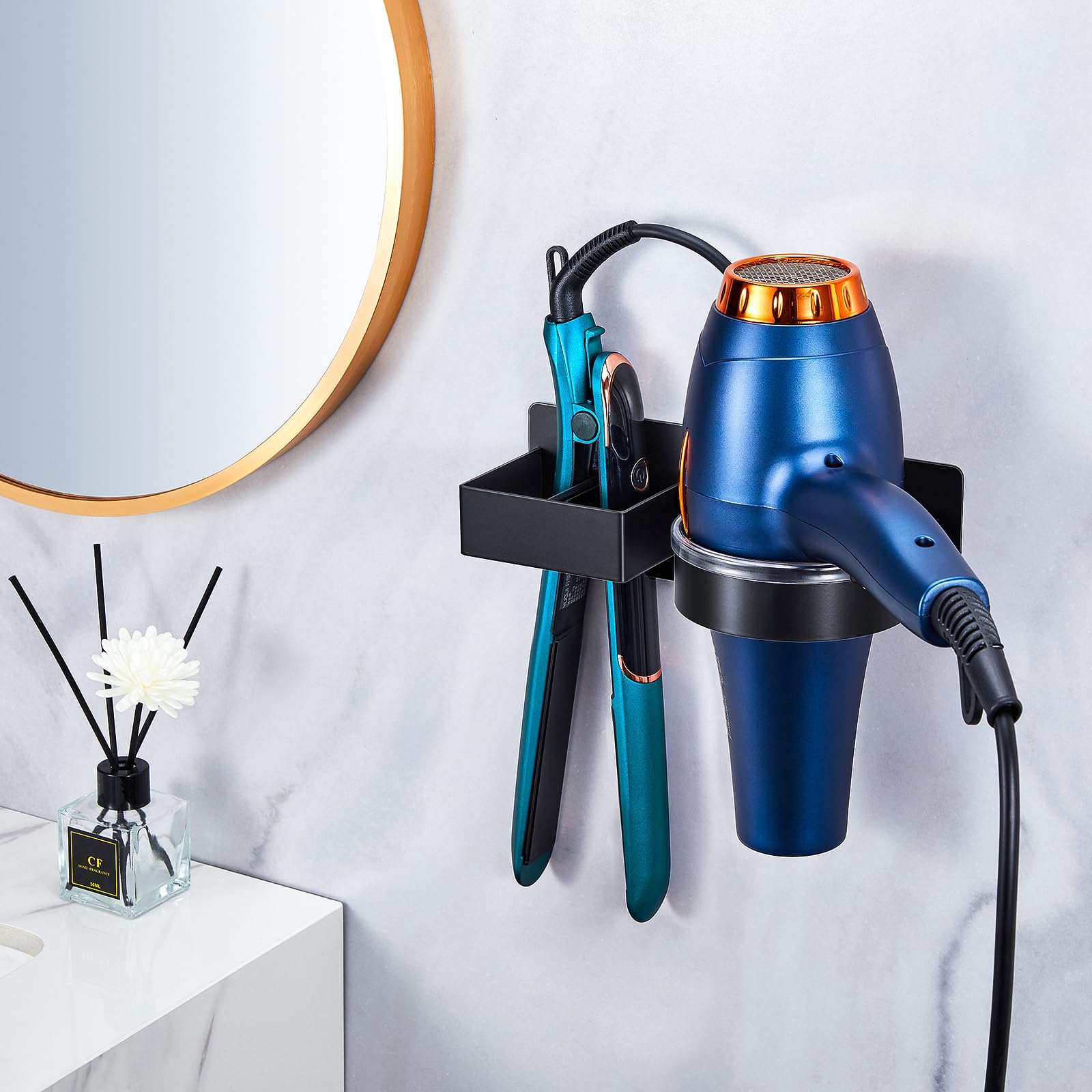 YAYINLI Hair Straightener Holder Wall, Blow Dryer Holder Wall Mounted Hairdryer Holder for Bathroom, Hair Tools Organizer & Storage Curling Iron Holder, Salon Hair Dryer Holder (Black)