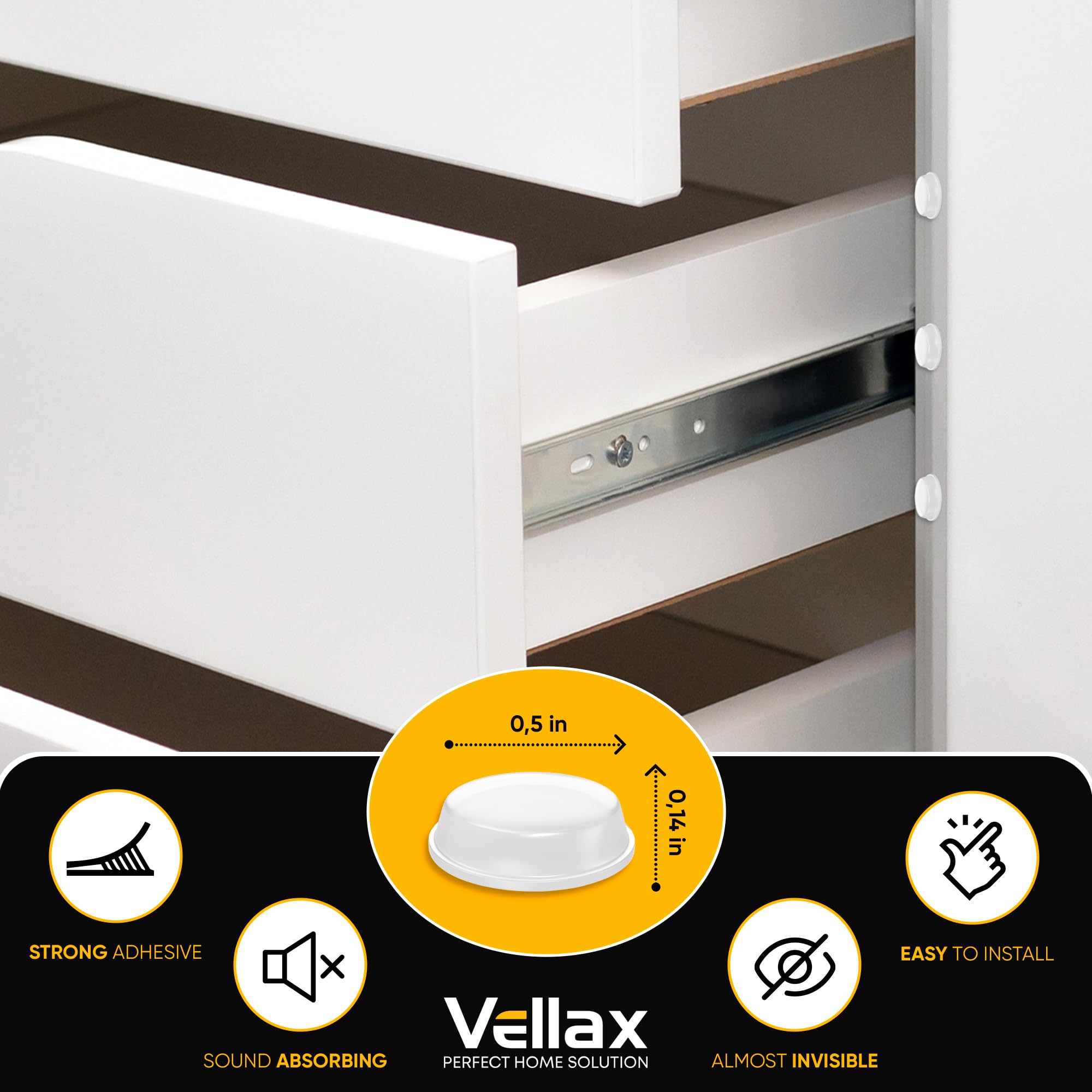 Vellax Cabinet Door Bumpers - Self Adhesive Pads, Cabinet Stoppers, Rubber Bumpers for Drawers, Cupboards, Cutting Boards, Glass Tops, Picture Frames, Kitchen Furniture