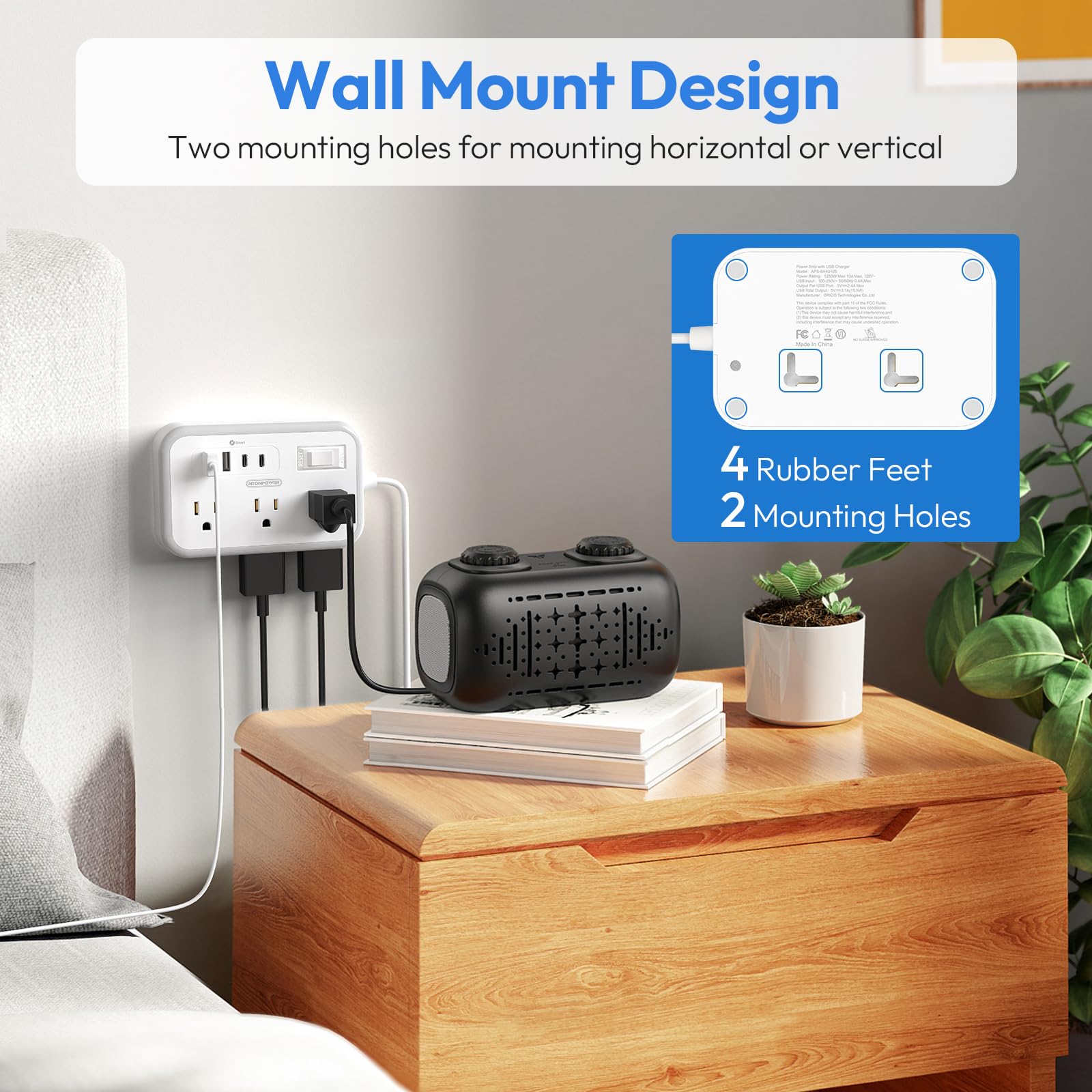 NTONPOWER Surge Protector Power Strip with USB, Flat Plug Extension Cord with 4 USB 6 Outlets, 5 Ft White Extension Cord, Overload Protection for Travel, Indoor, Home Office, Dorm Room Essentials