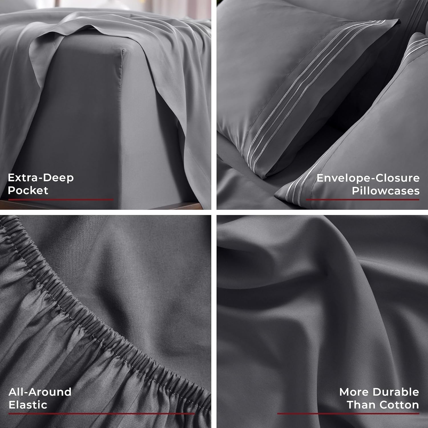 Mellanni 4PC Bed Sheet Set + 2 Pillowcases Bundle&Save - Iconic Collection Bedding - Bundle Includes: 1 Flat Sheets, 1 Fitted Sheet and 4 Pillow Cases (King, Gray)