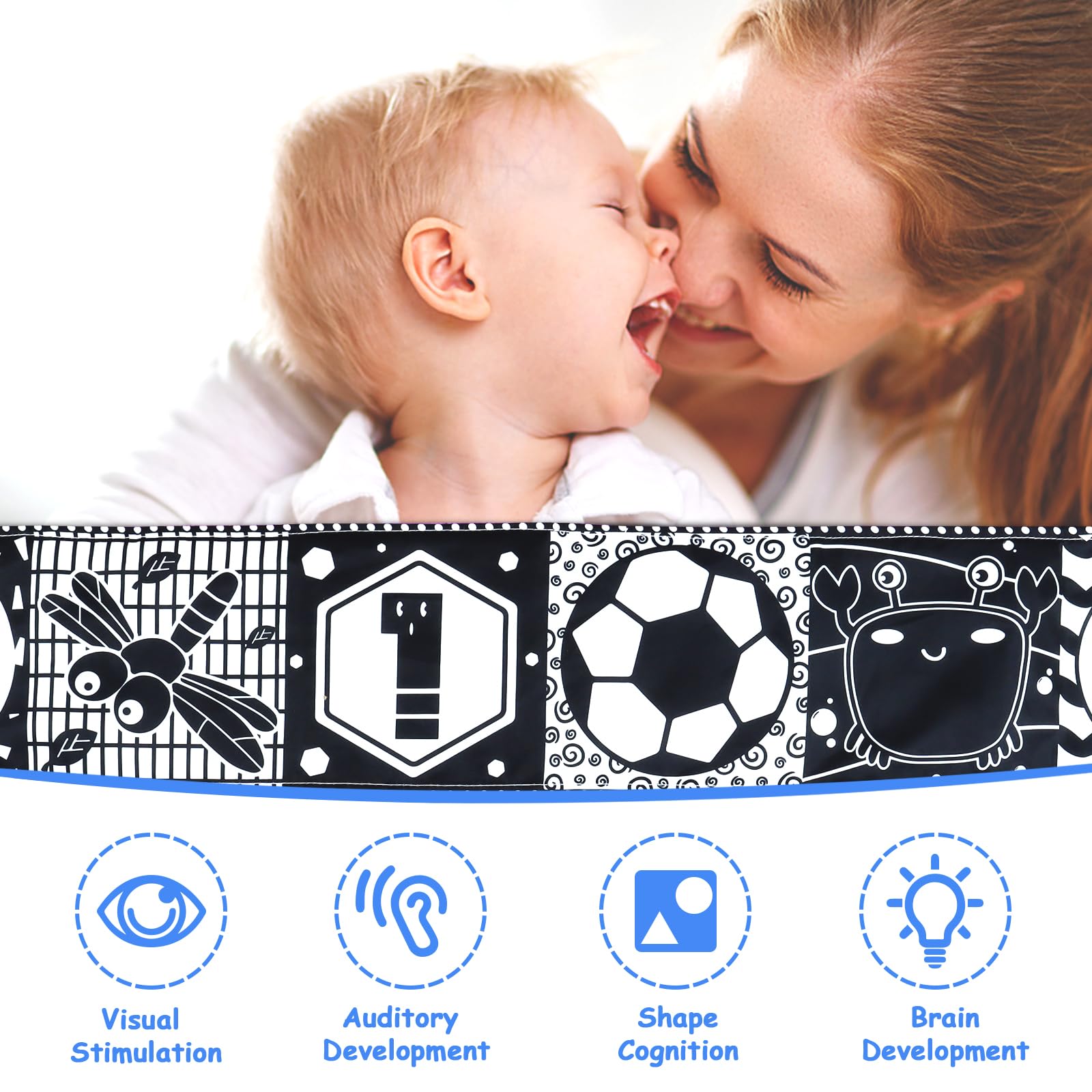 KUANGO Newborn Toys Black and White Baby Toys 0-3 Months High Contrast Baby Toys for Newborn - High Contrast Baby Soft Book Infant Tummy Time Toys Crinkle Sensory Toys for Brain Development