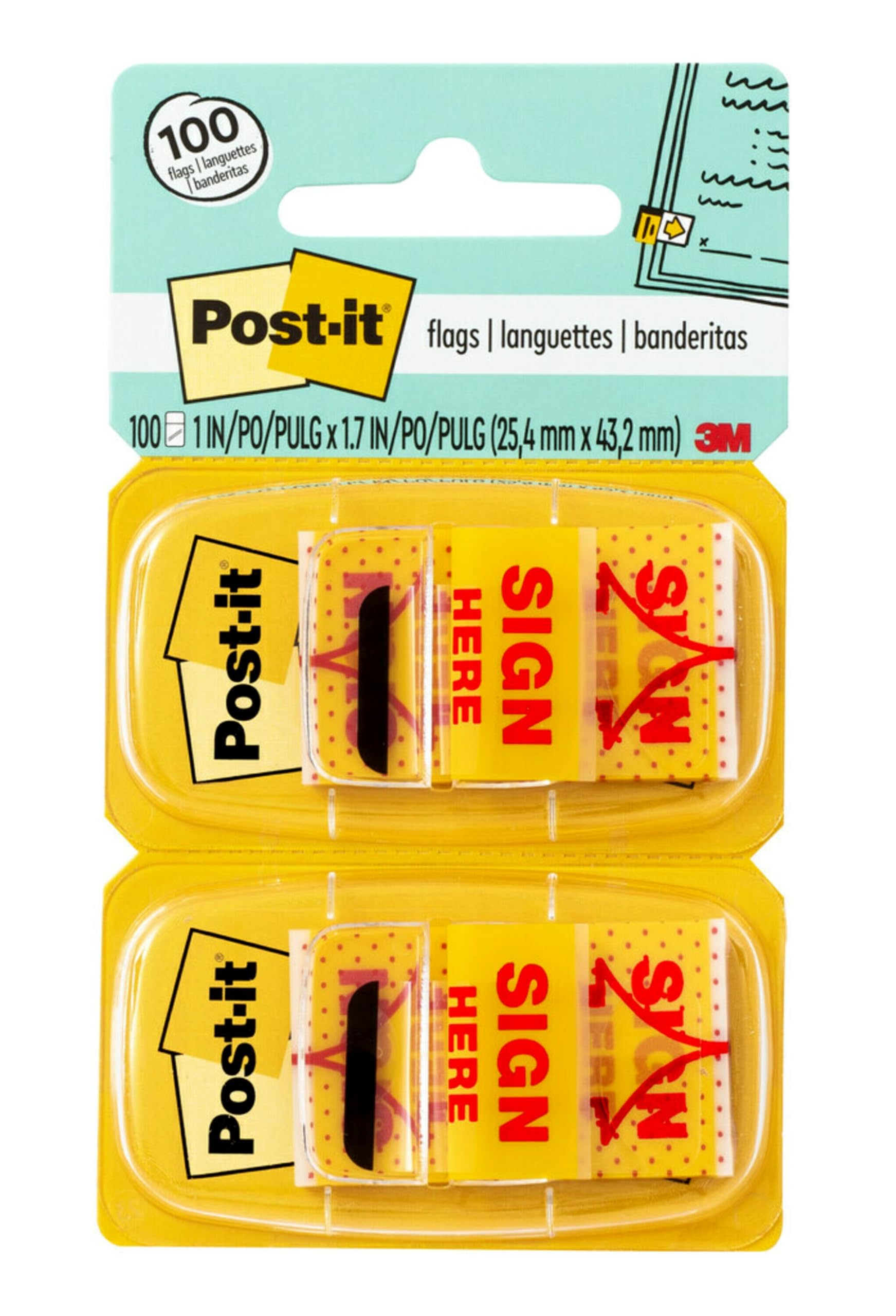 Post-it Message Flags, "Sign Here", 50/Dispenser, 2 Dispensers/Pack, 1 in Wide, Yellow (680-SH2)