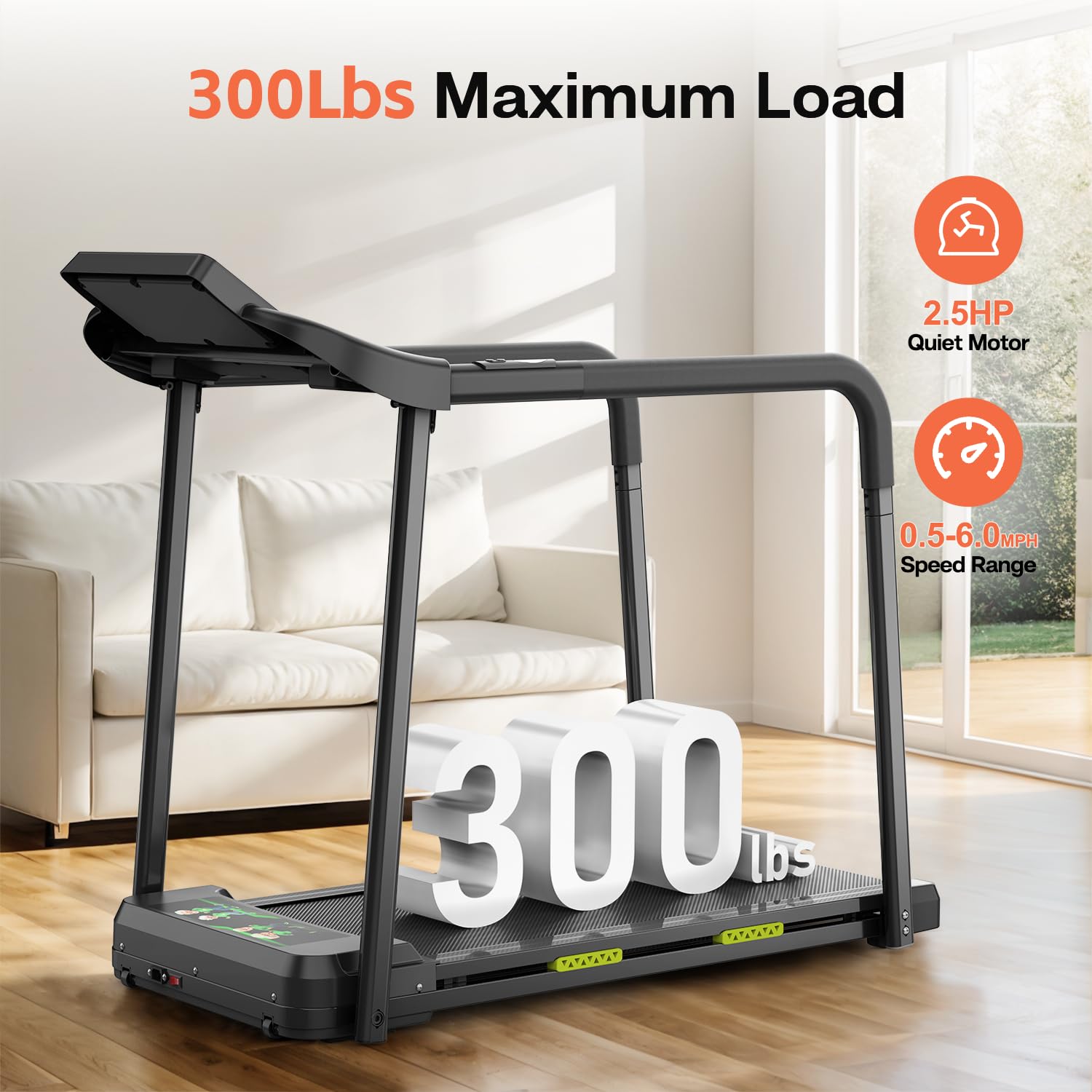 Walking Treadmill with Long Handrail for Balance, Recovery Fitness Exercise Machine Foldable for Home use with Holder for Phone & Cup,LCD Display, 300 lbs Capacity