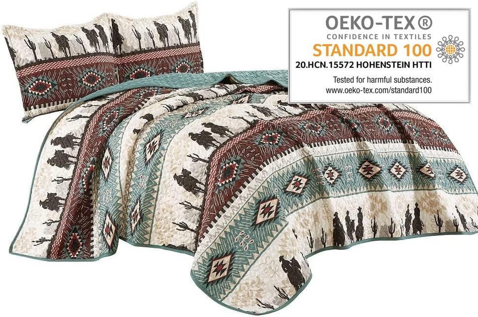 Jaba/WPM Western Teal/Beige/Burgundy Cowboy Desert Southwestern Print Bedspread 3 Piece west Theme Cabin Lodge Ranch Design Coverlet Quilt Set-Kadence 22366 (Queen), Teal, Beige, Taupe Burgundy