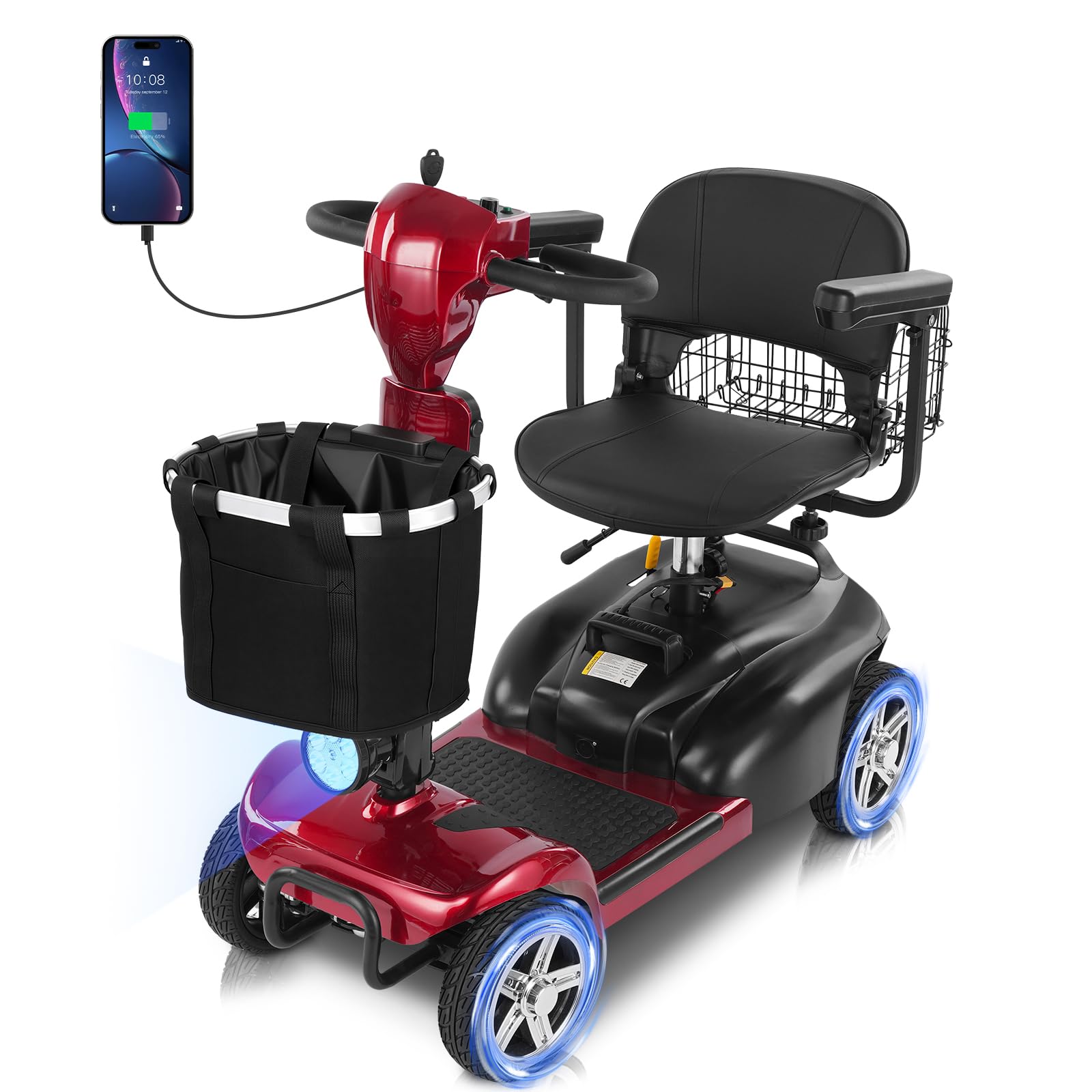 20 Miles 4 Wheels Mobility Scooter for Seniors/Adults Up to 300LBS,350W Electric Wheelchair Detachable Lithium Battery,Dual Baskets,Rotating Seat,with Taillight, USB Charging, Red 18AH