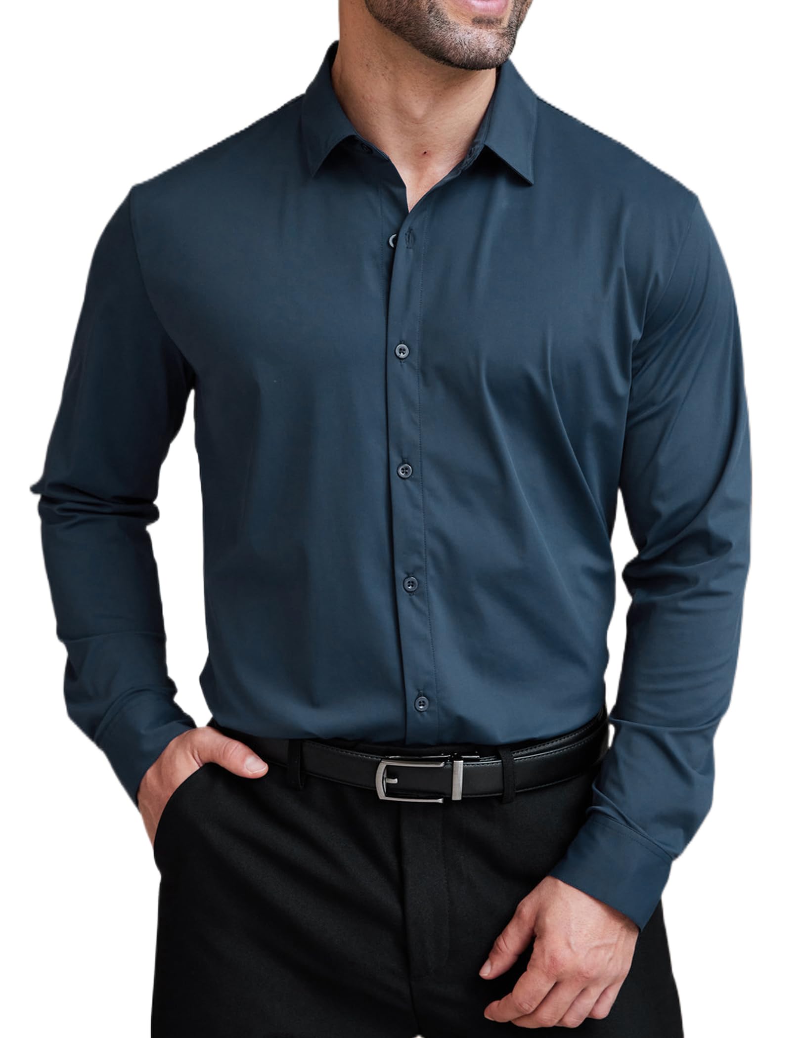 COOFANDY Men Wrinkle Free Dress Shirts Casual Button Down Shirt Long Sleeve Slim Fit Dress Shirt Deep Blue