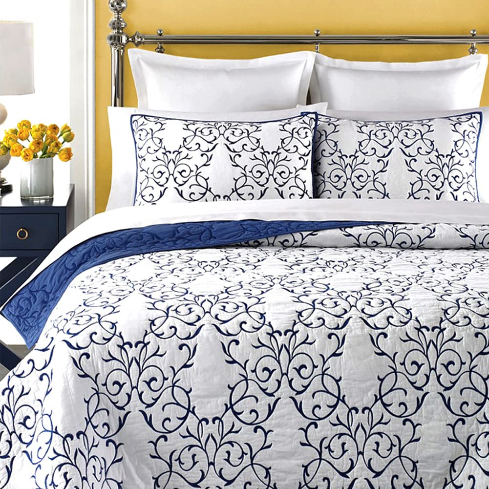mixinni Reversible Queen Quilt 3-Piece Blue Embroidery Pattern Elegant Quilt Set with Embroidered Decorative Shams Soft Queen Bedspreads&Coverlet Set-Full/Queen