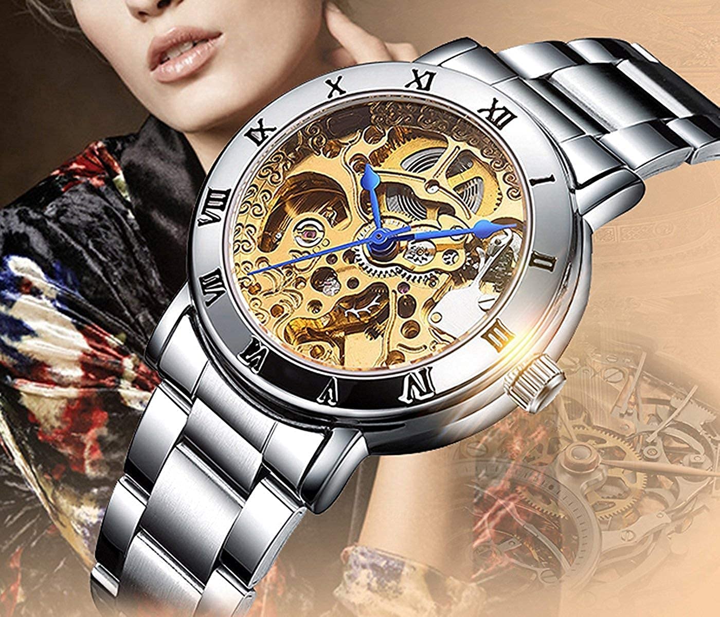 BESTKANG Womens Skeleton Watch Automatic Self Winding Luxury Waterproof Silver Stainless Steel Silver Watches (Gold)