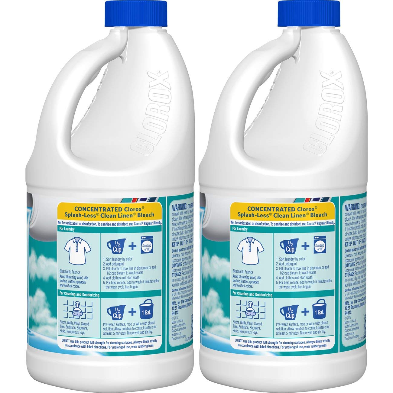 Clorox Splash-Less Bleach, Clean Linen Scent, 55 Ounces, Pack of Two (110 Ounces Total)