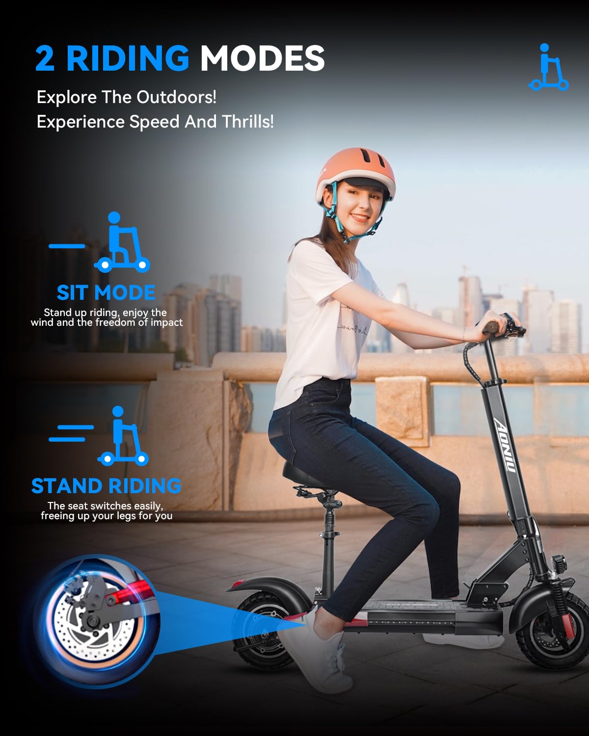 AONIU M4 Electric Scooter for Adults with seat 25-30 mph Fast Speed Heavy Duty 300+ lbs 10 inch Off Road Foldable e Scooter Mobility e Scooters for Girls Men Teens 31-37 Miles Long Range Bike
