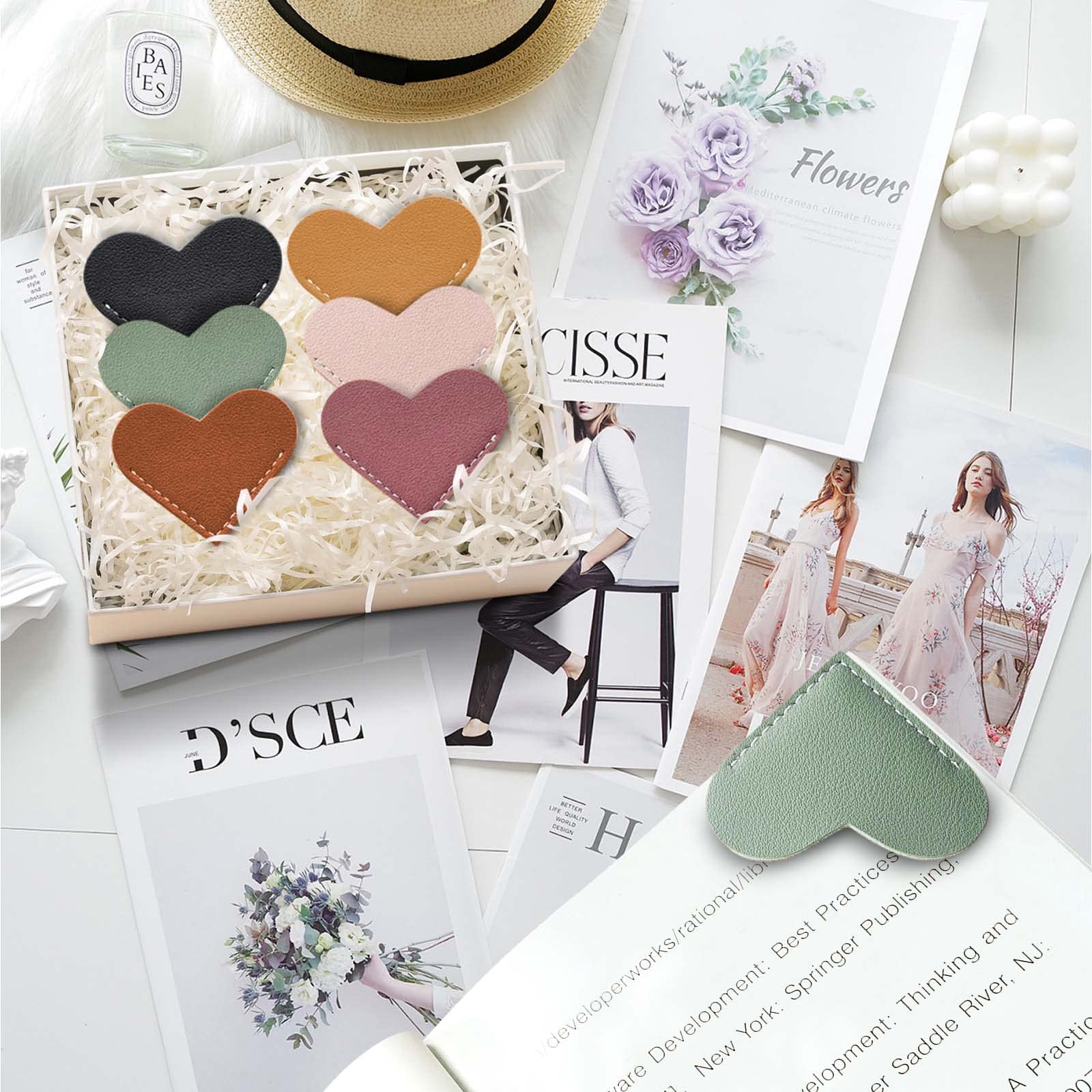 Leather Heart Bookmarks - Winjeto 6 Pieces Cute Corner Page Book Marks for Teachers Students Book Reading Lovers, for School Office Home Supplies (Heart(6pcs))