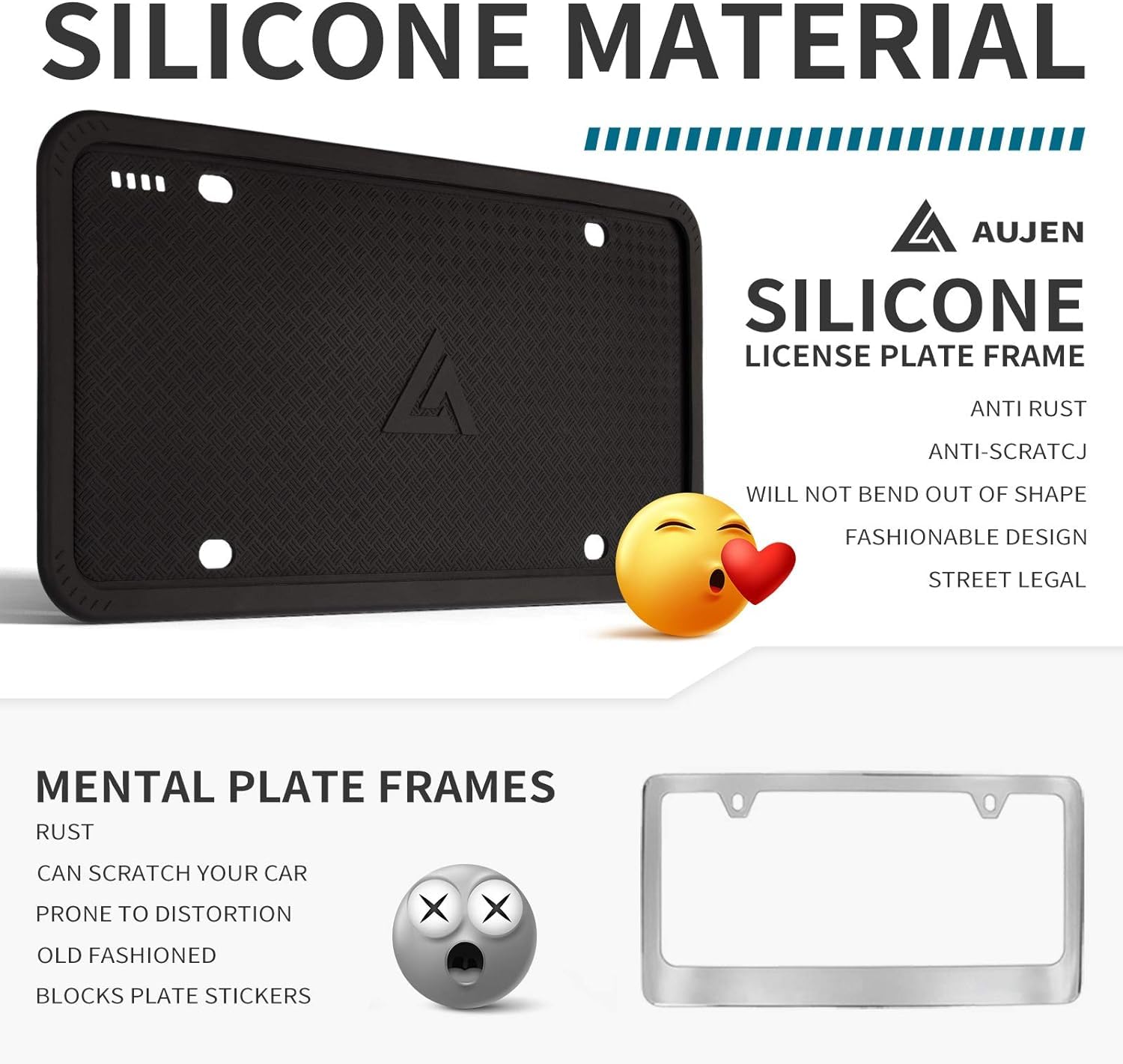 Aujen Silicone License Plate Frames, 1 Pack Universal US Car Black License Plate Bracket Holder/Cover.Rust-Proof, Rattle-Proof, Weather-Proof