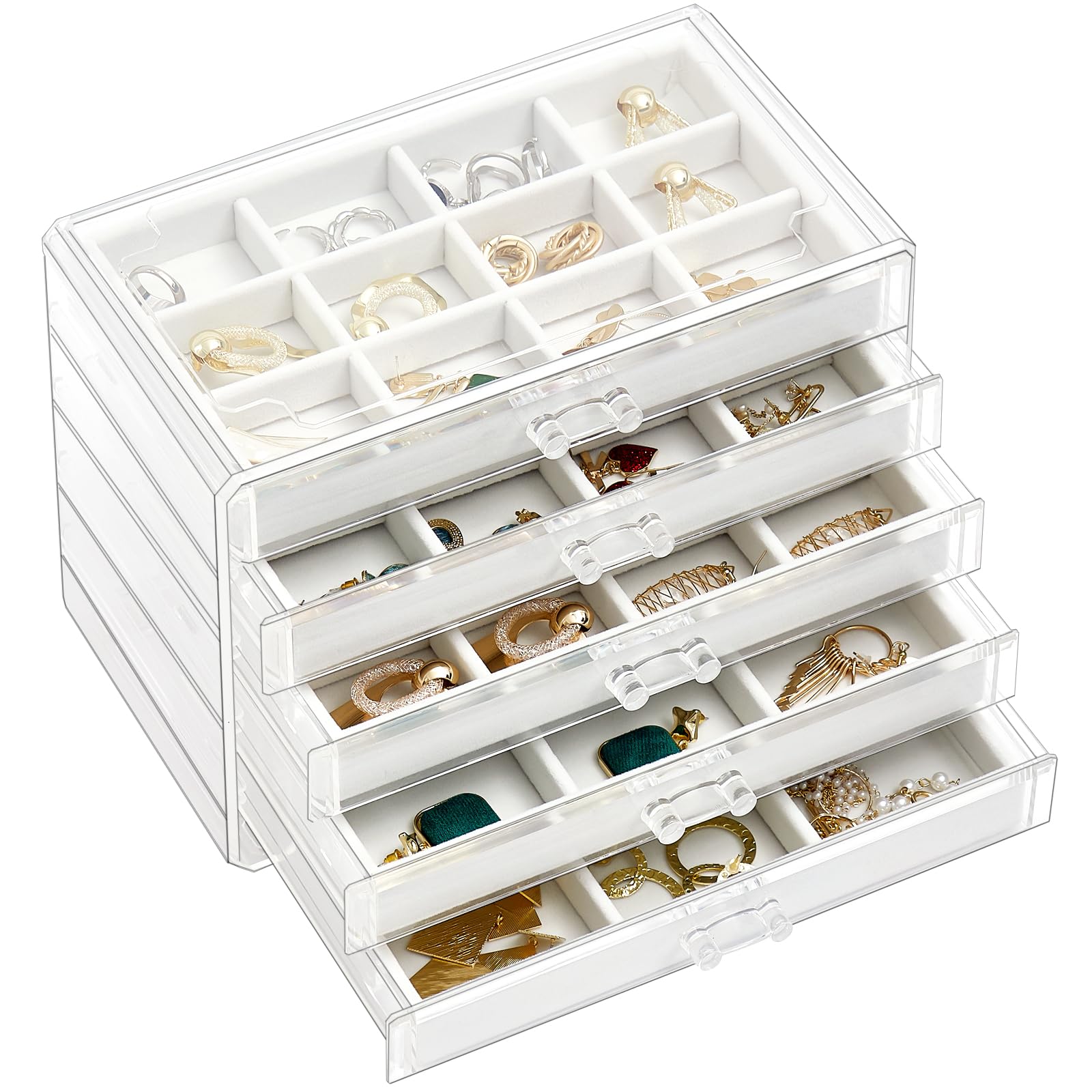 ProCase Earring Holder Organizer Jewelry Box with 5 Drawers Mothers Day Gift, Acrylic Clear Earring Case with Adjustable Velvet Trays for Women - Warmwhite,5 Layers